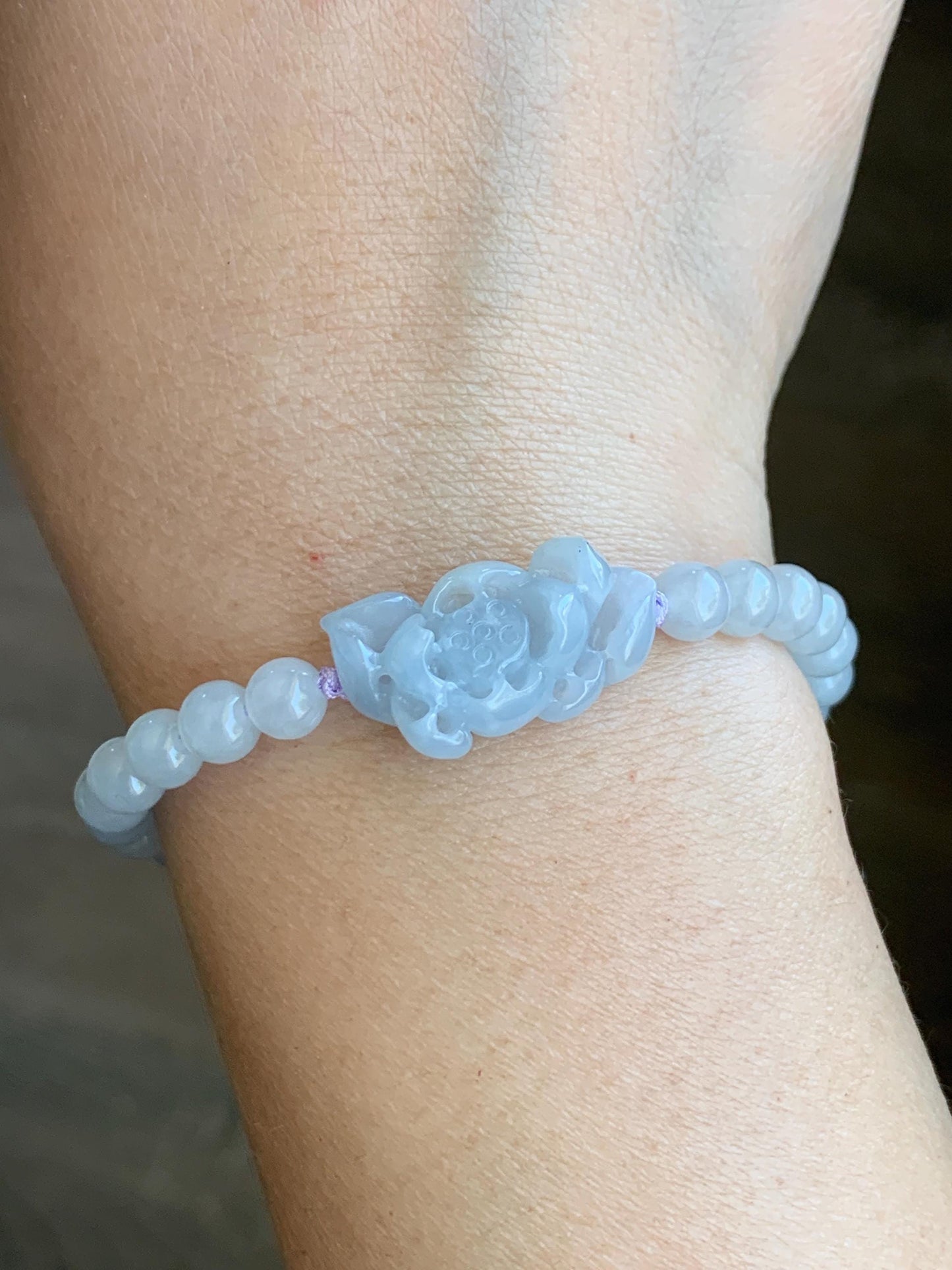 Natural Grade A Icy Translucent Gelatinous Pastel Purplish Blue Jade Jadeite Lotus Flower Beaded Bracelet 6.75" 12g 天然冰淡蓝紫底翡翠莲花圆珠手串 DLZ-A