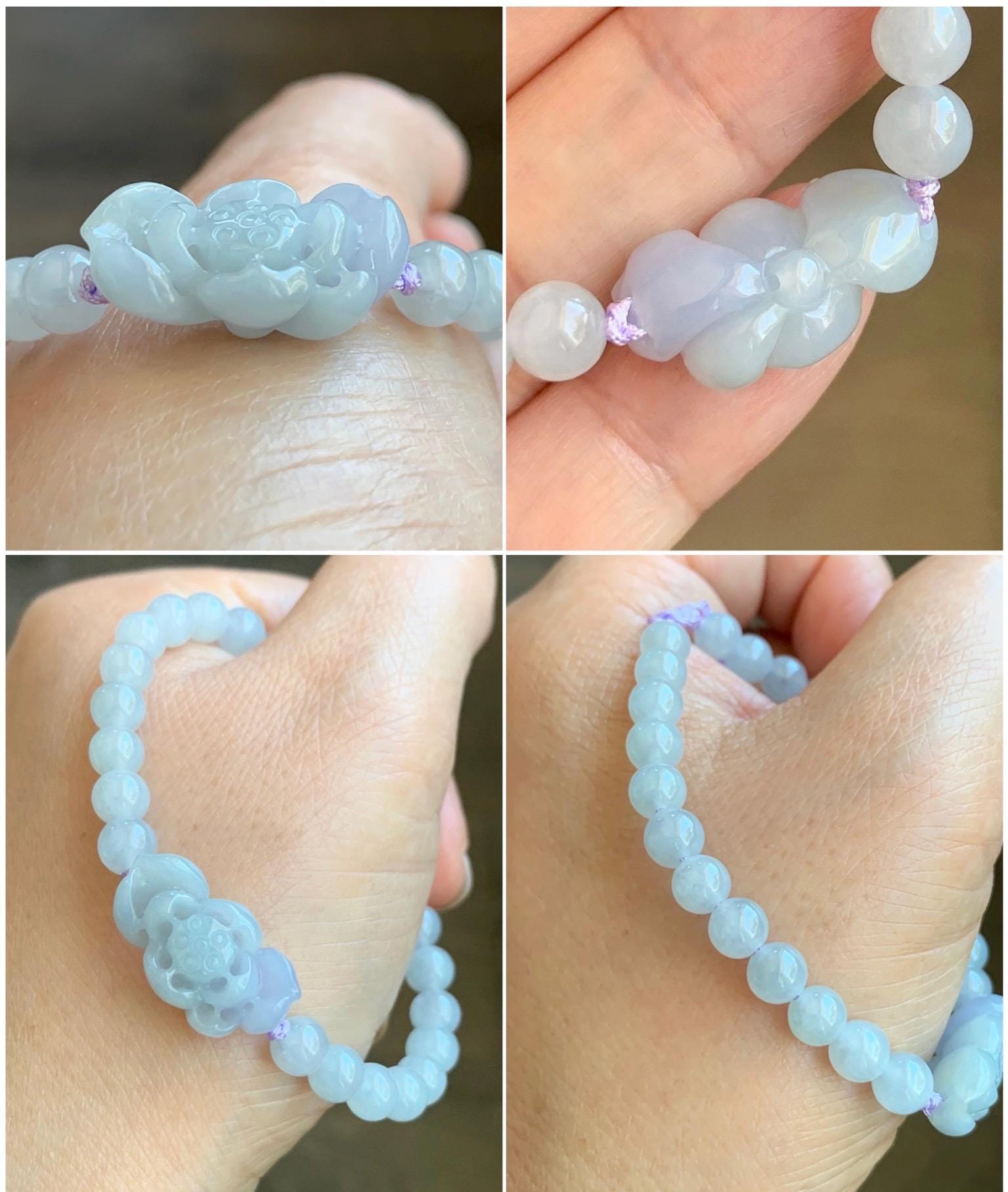 Natural Grade A Icy Translucent Gelatinous Pastel Purplish Blue Jade Jadeite Lotus Flower Beaded Bracelet 6.5" 11g 天然冰淡蓝紫底翡翠莲花圆珠手串 DLZ-B