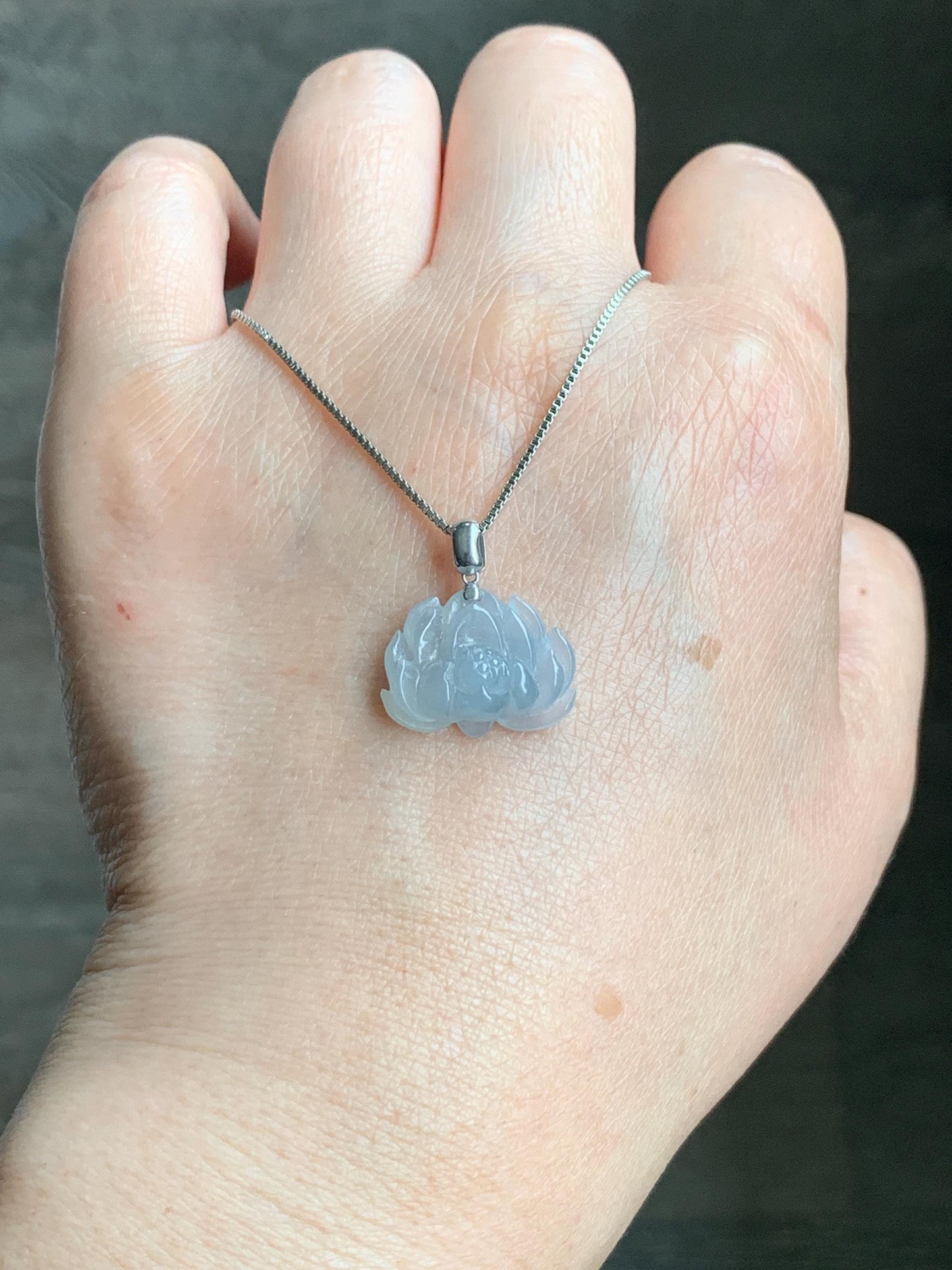 Natural Grade A Icy Translucent Gelatinous Dusty Pastel Blue Jade Jadeite Lotus Flower Pendant 18K White Gold Bail 天然冰胶淡蓝灰翡翠莲花镶嵌吊坠 DLH-242