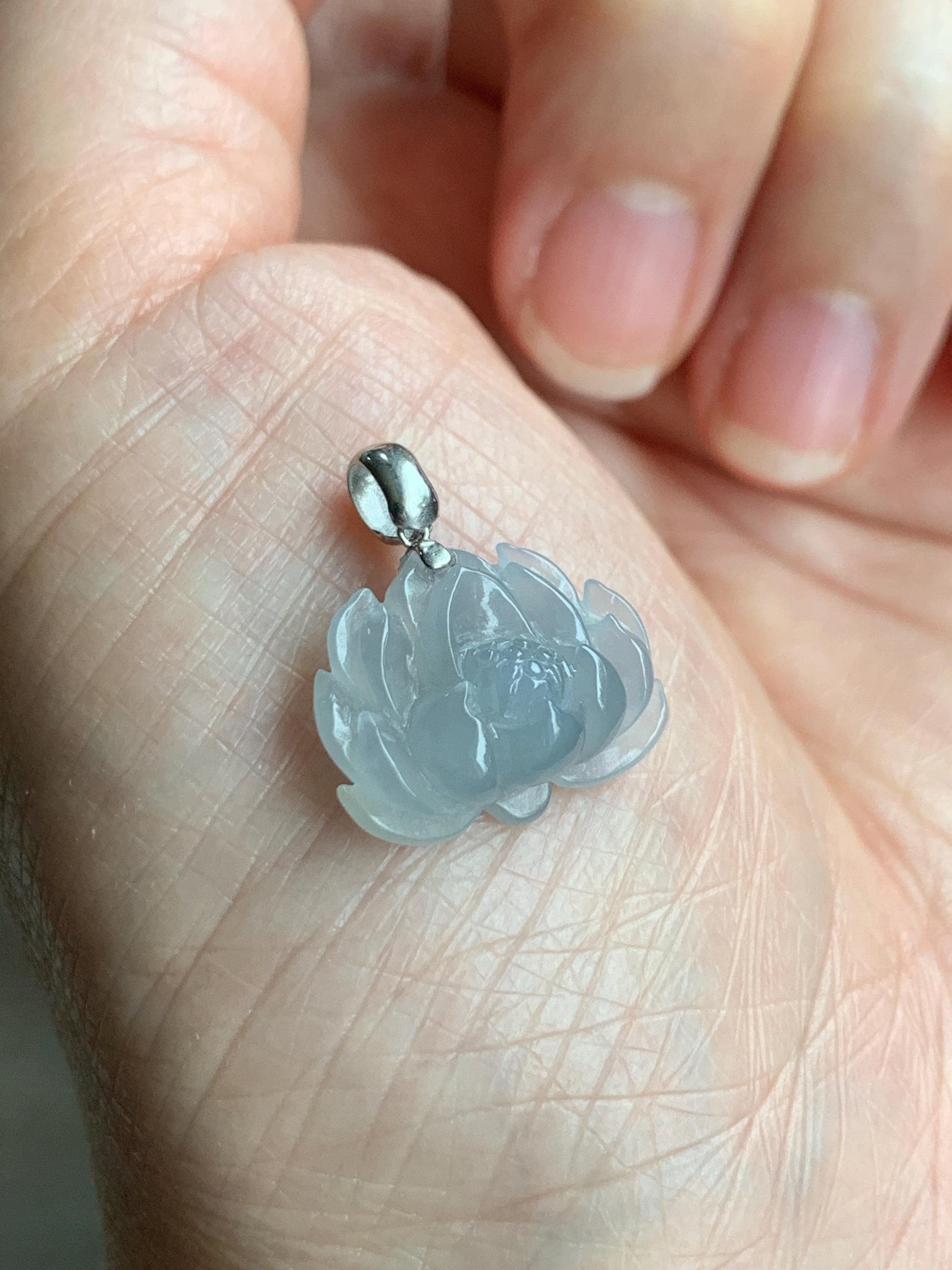 Natural Grade A Icy Translucent Gelatinous Dusty Pastel Blue Jade Jadeite Lotus Flower Pendant 18K White Gold Bail 天然冰胶淡蓝灰翡翠莲花镶嵌吊坠 DLH-242