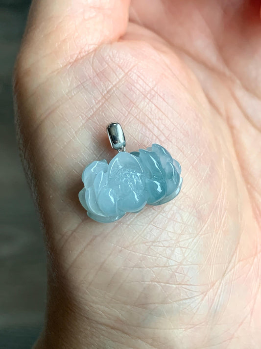 Natural Grade A Icy Translucent Gelatinous Blue Marbled Jade Jadeite Lotus Flower Pendant 18K White Gold Bail 天然冰胶飘蓝花翡翠莲花镶嵌吊坠 BLH-242