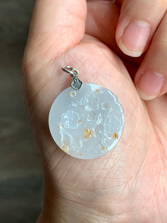 Natural Grade A Icy Translucent Gelatinous Golden Brown Marbled Jadeite Cherry Blossom Branch Disc Pendant Sterling Silver 天然冰胶撒金翡翠梅花牌吊坠 MHP