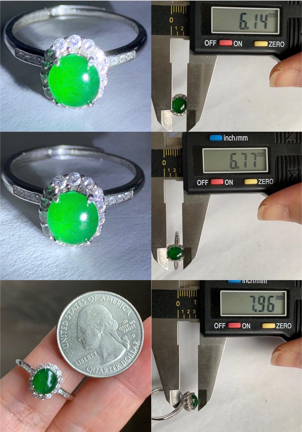 Natural Grade A Guatemalan Icy Translucent Vibrant Green Oval Cabochon Jadeite Halo Ring Sterling Silver Size Adjustable 天然冰危绿翡翠银镶戒指 WLH88T