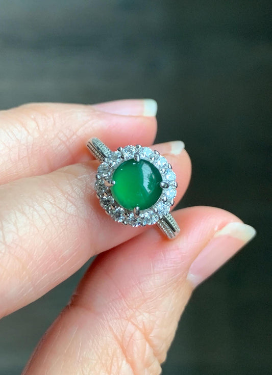 Natural Grade A Guatemalan Icy Translucent Vibrant Green Round Cabochon Jadeite Halo Ring Sterling Silver Size Adjustable 天然冰危绿翡翠银镶戒指 WLH88R