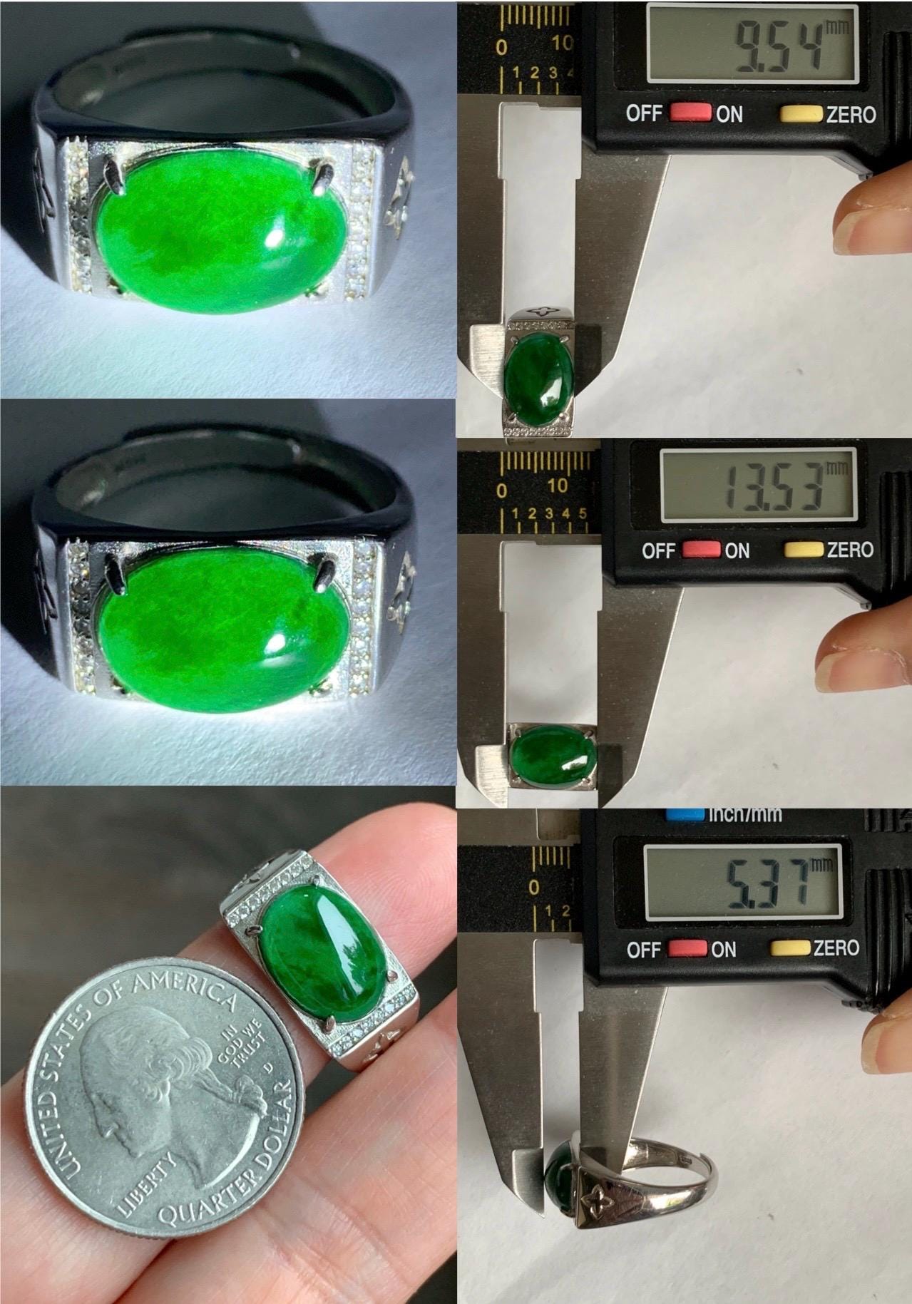 Natural Grade A Icy Translucent Vibrant Green Jadeite Oval Cabochon Solitaire Ring Sterling Silver Size 8.5 Adjustable 天然冰危绿翡翠蛋面银镶戒指 WLT150