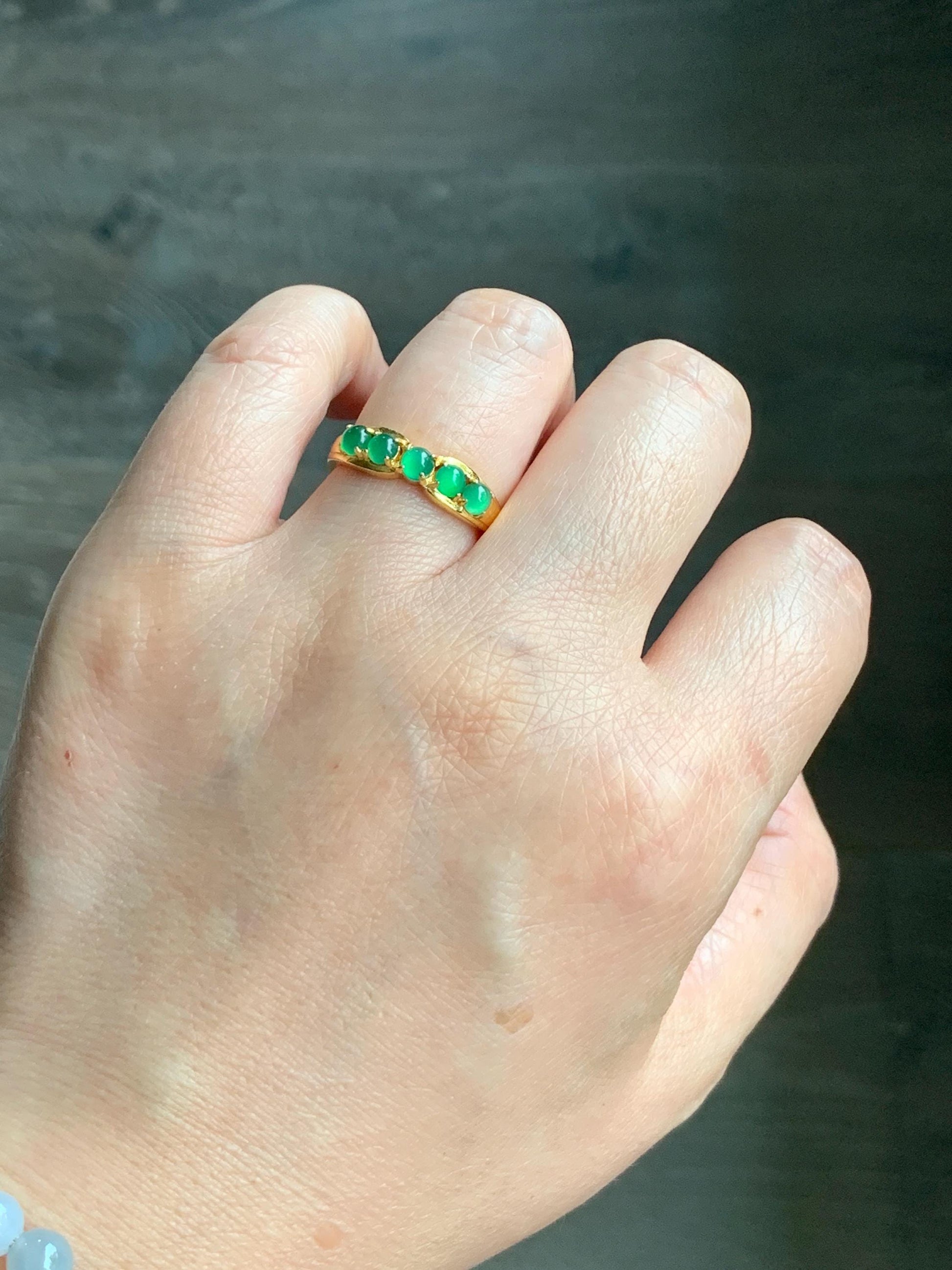 Natural Grade A Guatemalan Icy Translucent Vibrant Green 5-Stone Jade Jadeite Band Ring Sterling Silver Size Adjustable 天然冰危绿翡翠镶嵌排戒 WPJ77
