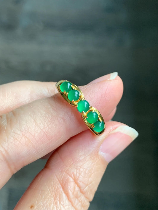 Natural Grade A Guatemalan Icy Translucent Vibrant Green 5-Stone Jade Jadeite Band Ring Sterling Silver Size Adjustable 天然冰危绿翡翠镶嵌排戒 WPJ77