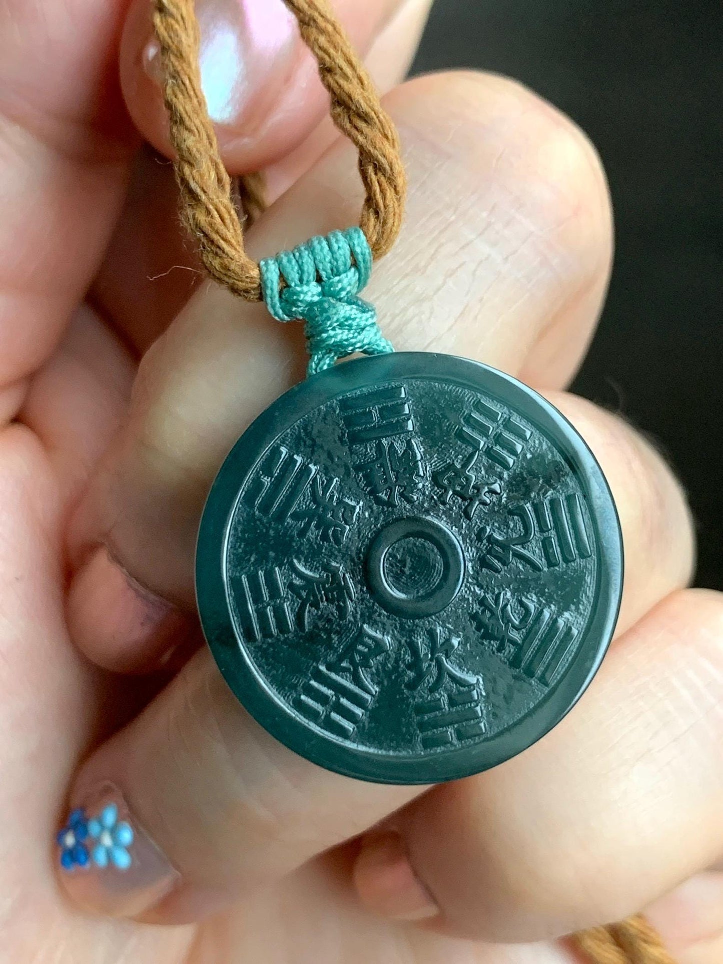 Natural Guatemalan Icy Translucent Dark Teal Green Jade Jadeite Mountain Ghost Eight Trigrams Coin Pendant Rope Necklace 天然冰危蓝绿翡翠精工山鬼币吊坠 SGA