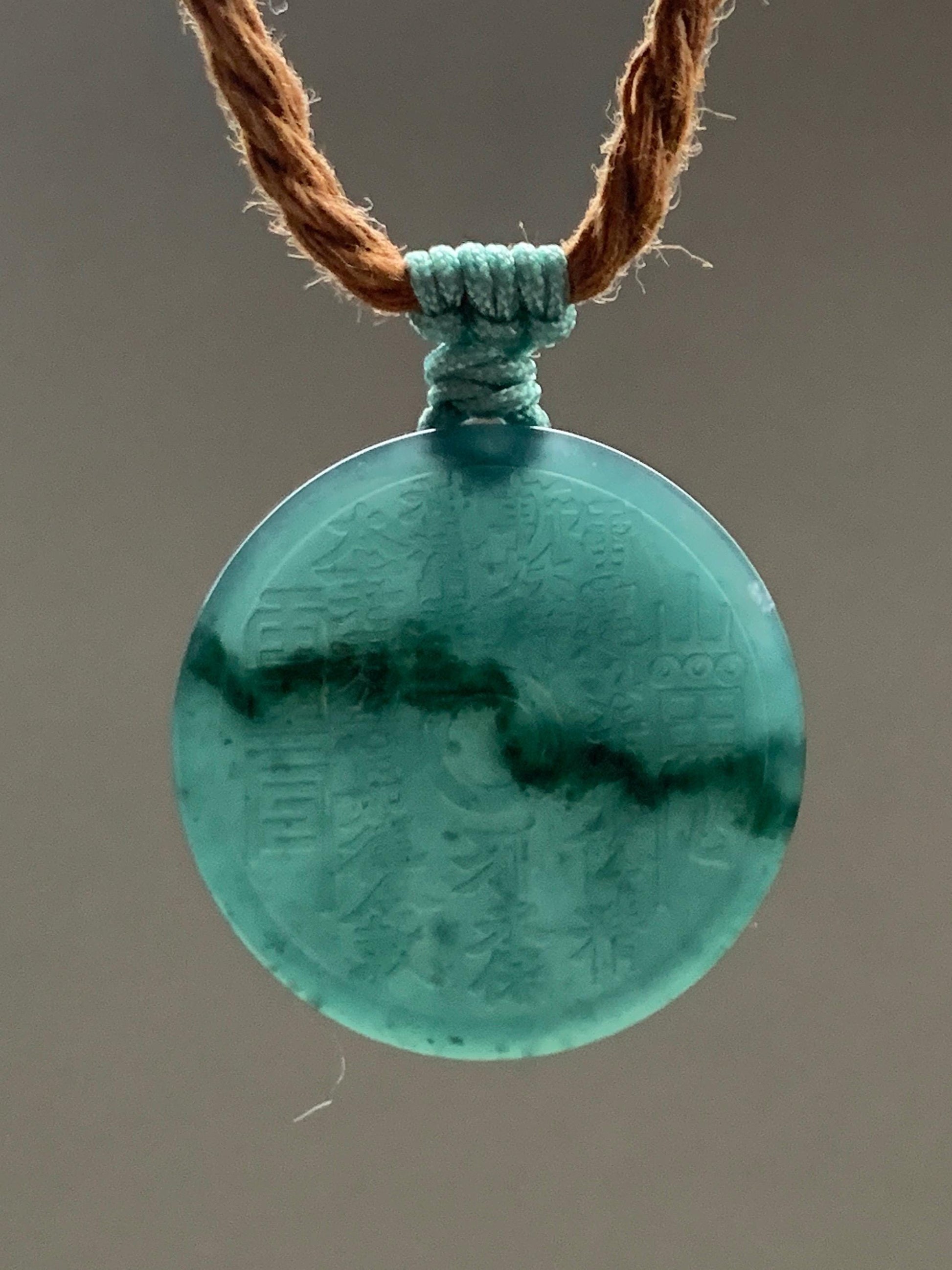 Natural Guatemalan Icy Translucent Dark Teal Green Jade Jadeite Mountain Ghost Eight Trigrams Coin Pendant Rope Necklace 天然冰危蓝绿翡翠精工山鬼币吊坠 SGA