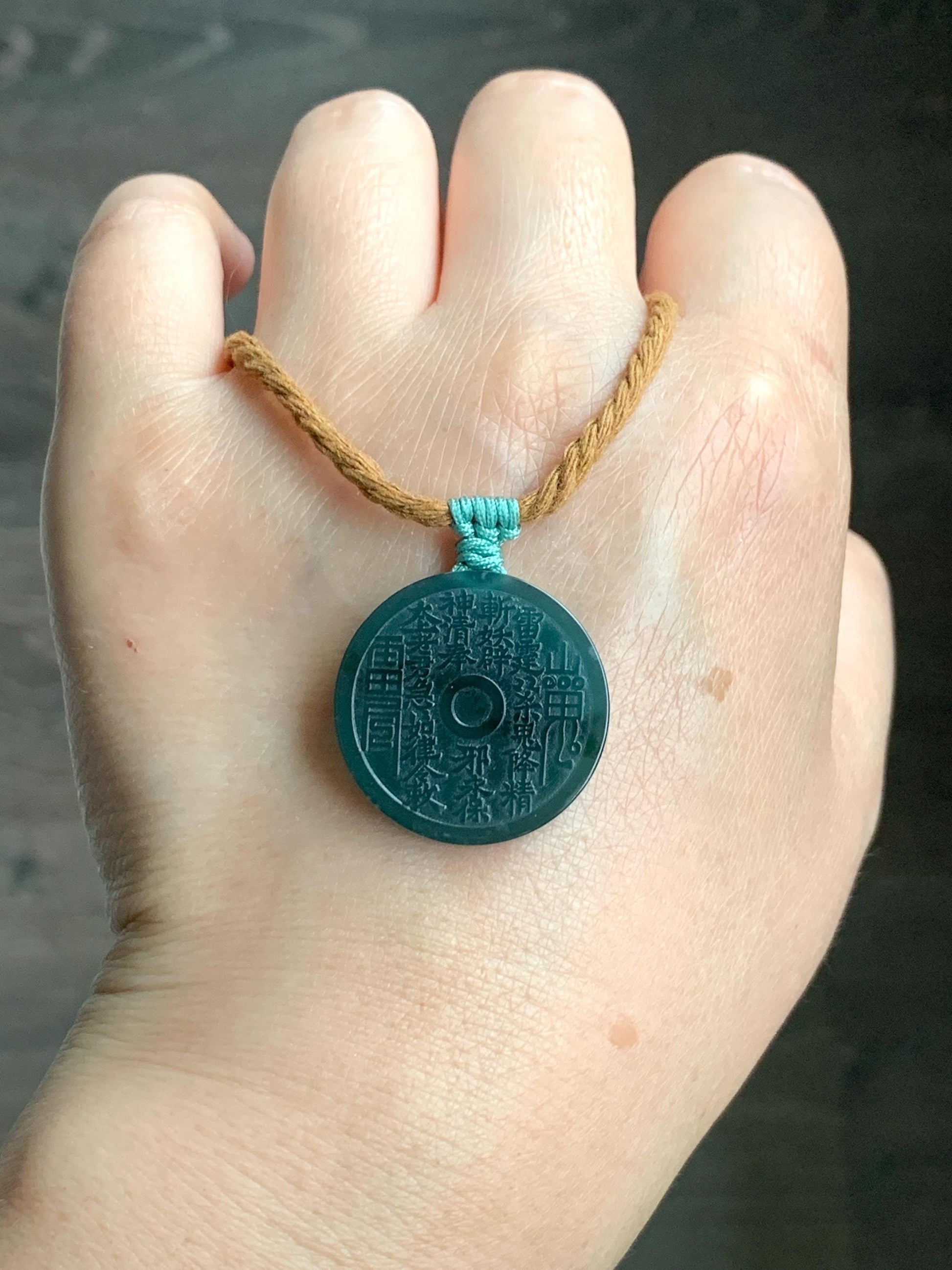 Natural Guatemalan Icy Translucent Dark Teal Green Jade Jadeite Mountain Ghost Eight Trigrams Coin Pendant Rope Necklace 天然冰危蓝绿翡翠精工山鬼币吊坠 SGA