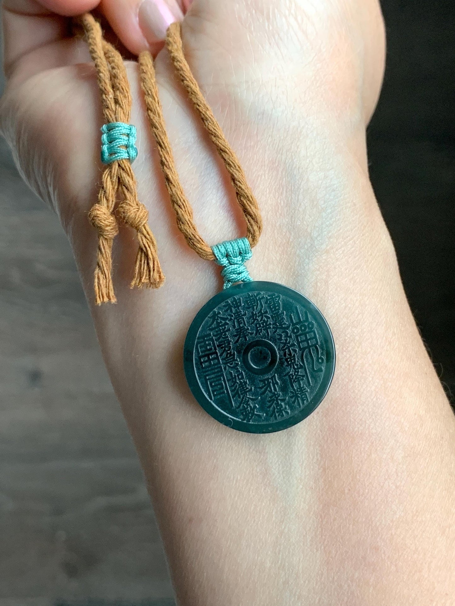 Natural Guatemalan Icy Translucent Dark Teal Green Jade Jadeite Mountain Ghost Eight Trigrams Coin Pendant Rope Necklace 天然冰危蓝绿翡翠精工山鬼币吊坠 SGA