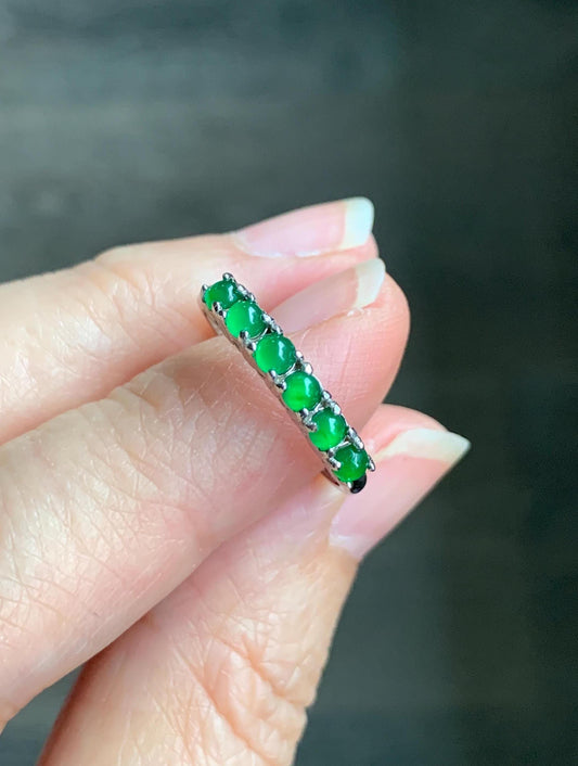Natural Grade A Guatemalan Icy Translucent Vibrant Green 6-Stone Jade Jadeite Band Ring Sterling Silver Size Adjustable 天然冰危绿翡翠镶嵌排戒 LPJ77