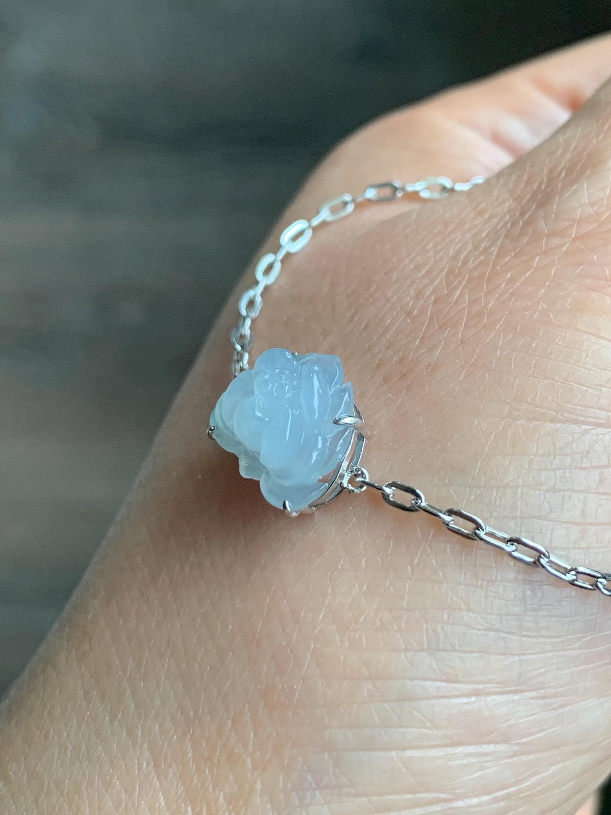 Natural Grade A Icy Translucent Pastel Purplish Blue Jadeite Lotus Flower Chain Bracelet Sterling Silver 6.75”-8” 3g 天然冰胶淡紫翡翠莲花银镶手链 LHY228A