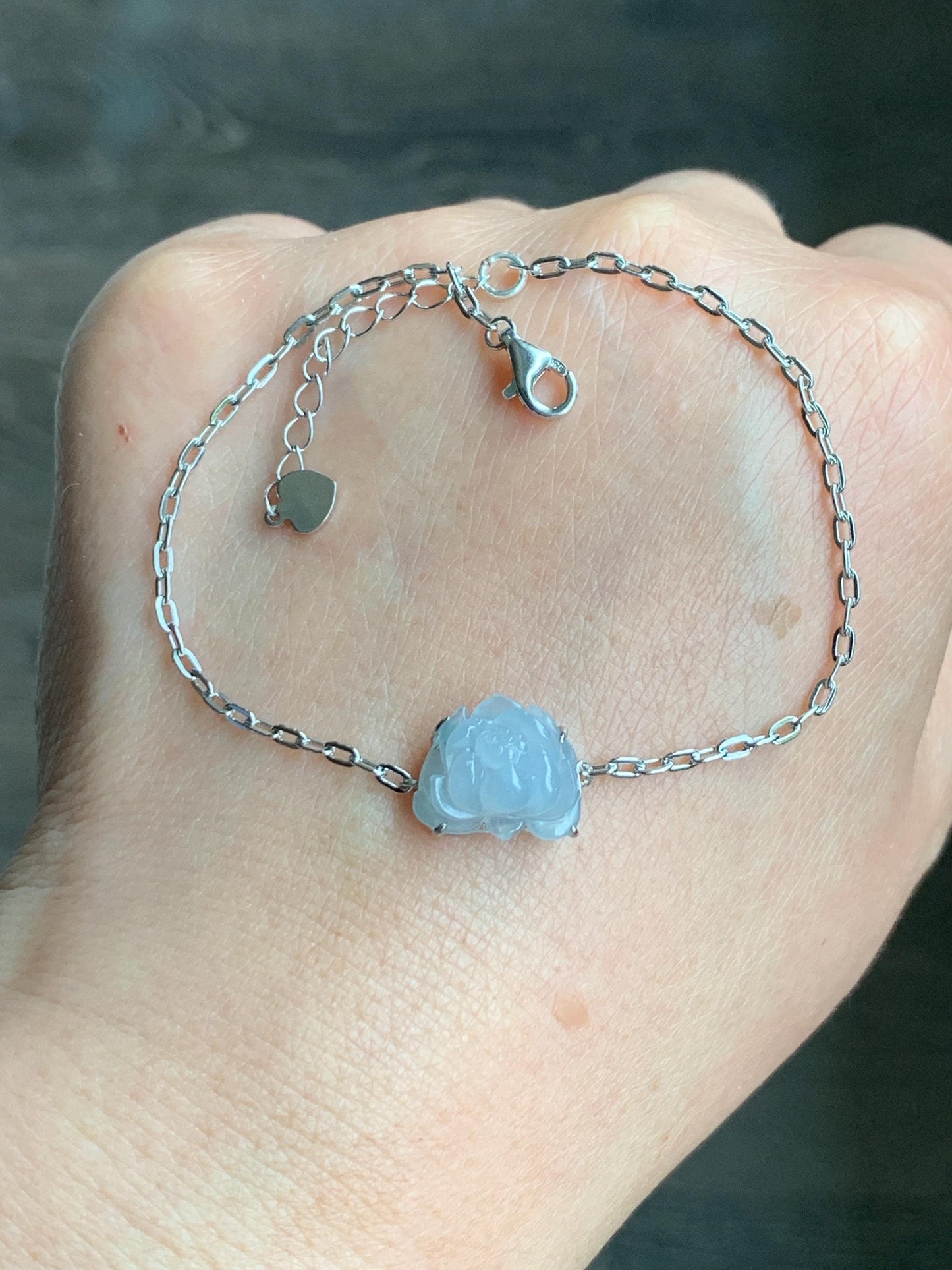 Natural Grade A Icy Translucent Pastel Purplish Blue Jadeite Lotus Flower Chain Bracelet Sterling Silver 6.75”-8” 3g 天然冰胶淡紫翡翠莲花银镶手链 LHY228A