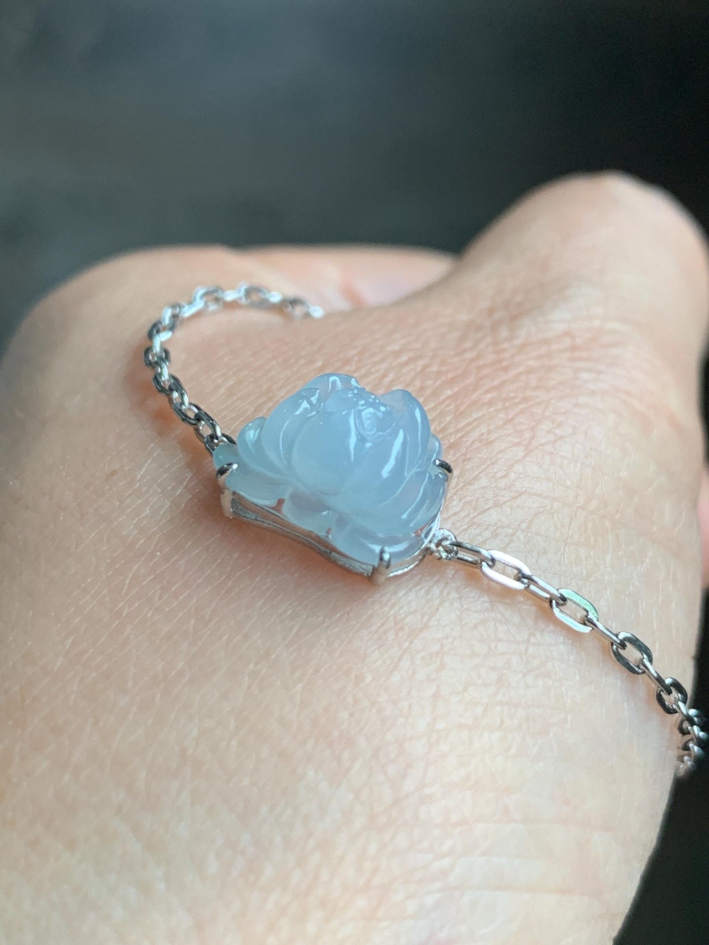 Natural Grade A Icy Translucent Pastel Purplish Blue Jadeite Lotus Flower Chain Bracelet Sterling Silver 6.75”-8” 3g 天然冰胶淡紫翡翠莲花银镶手链 LHY228A