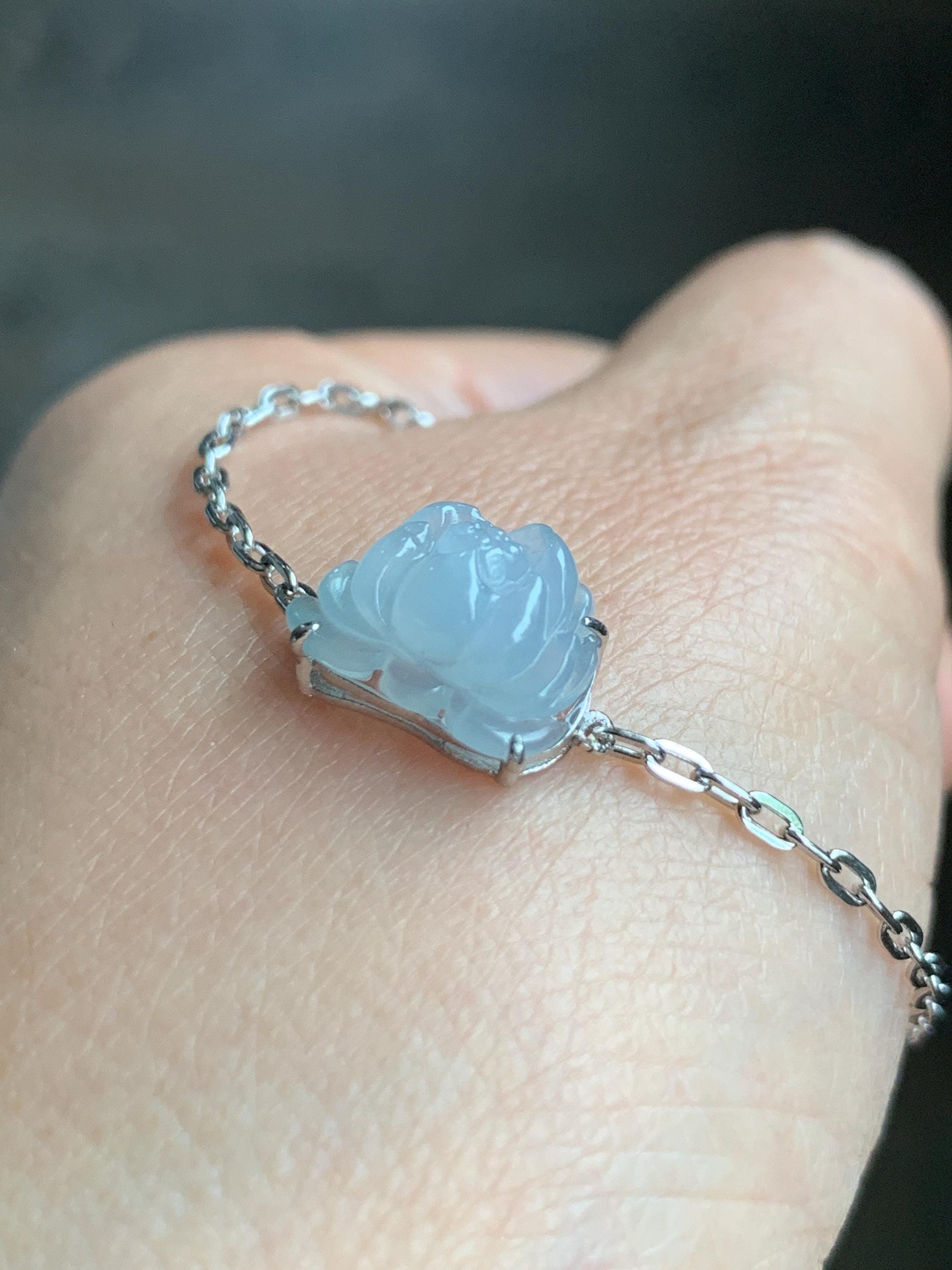 Natural Grade A Icy Translucent Pastel Purplish Blue Jadeite Lotus Flower Chain Bracelet Sterling Silver 6.75”-8” 3g 天然冰胶淡紫翡翠莲花银镶手链 LHY228A