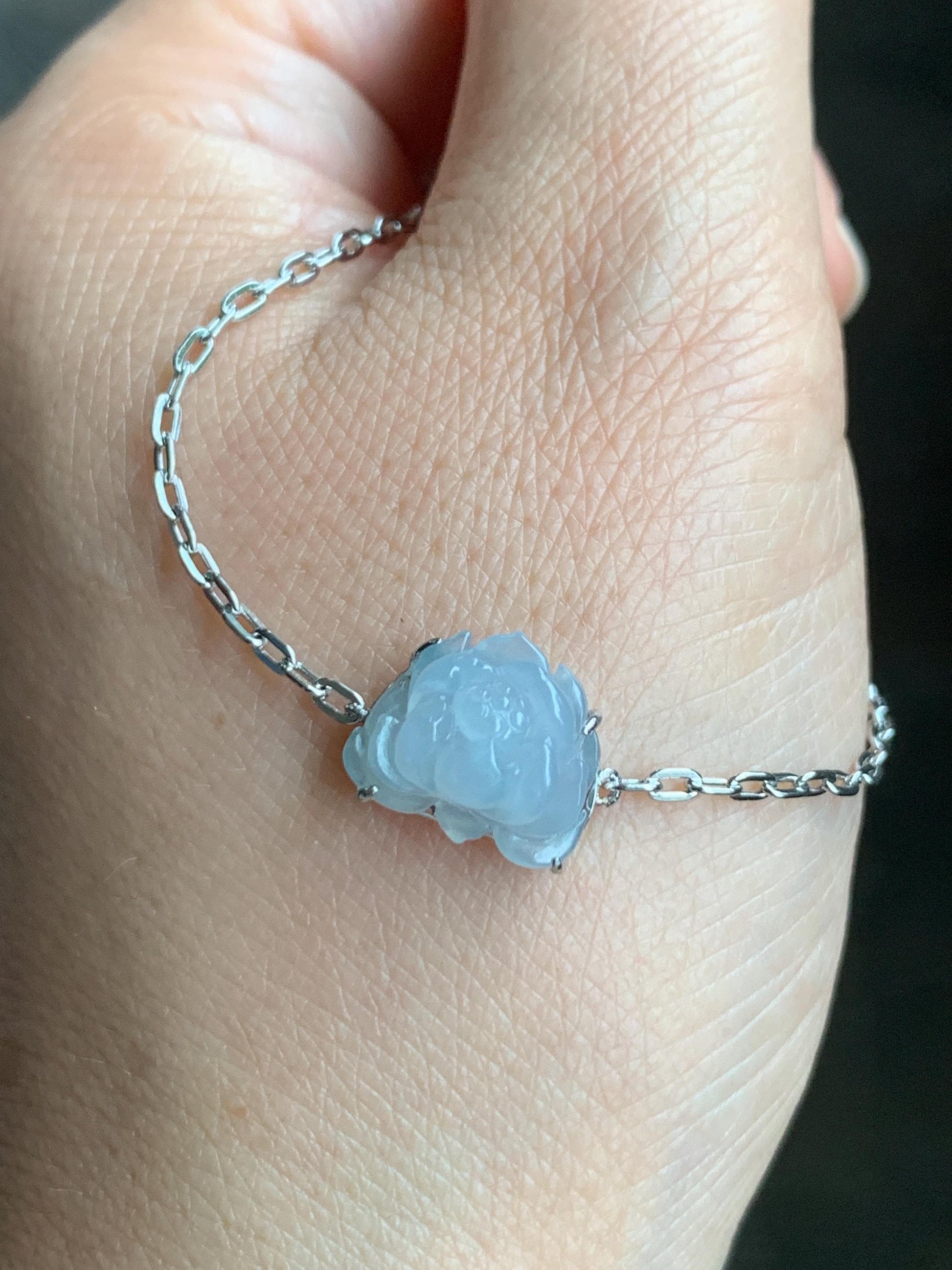 Natural Grade A Icy Translucent Pastel Purplish Blue Jadeite Lotus Flower Chain Bracelet Sterling Silver 6.75”-8” 3g 天然冰胶淡紫翡翠莲花银镶手链 LHY228A
