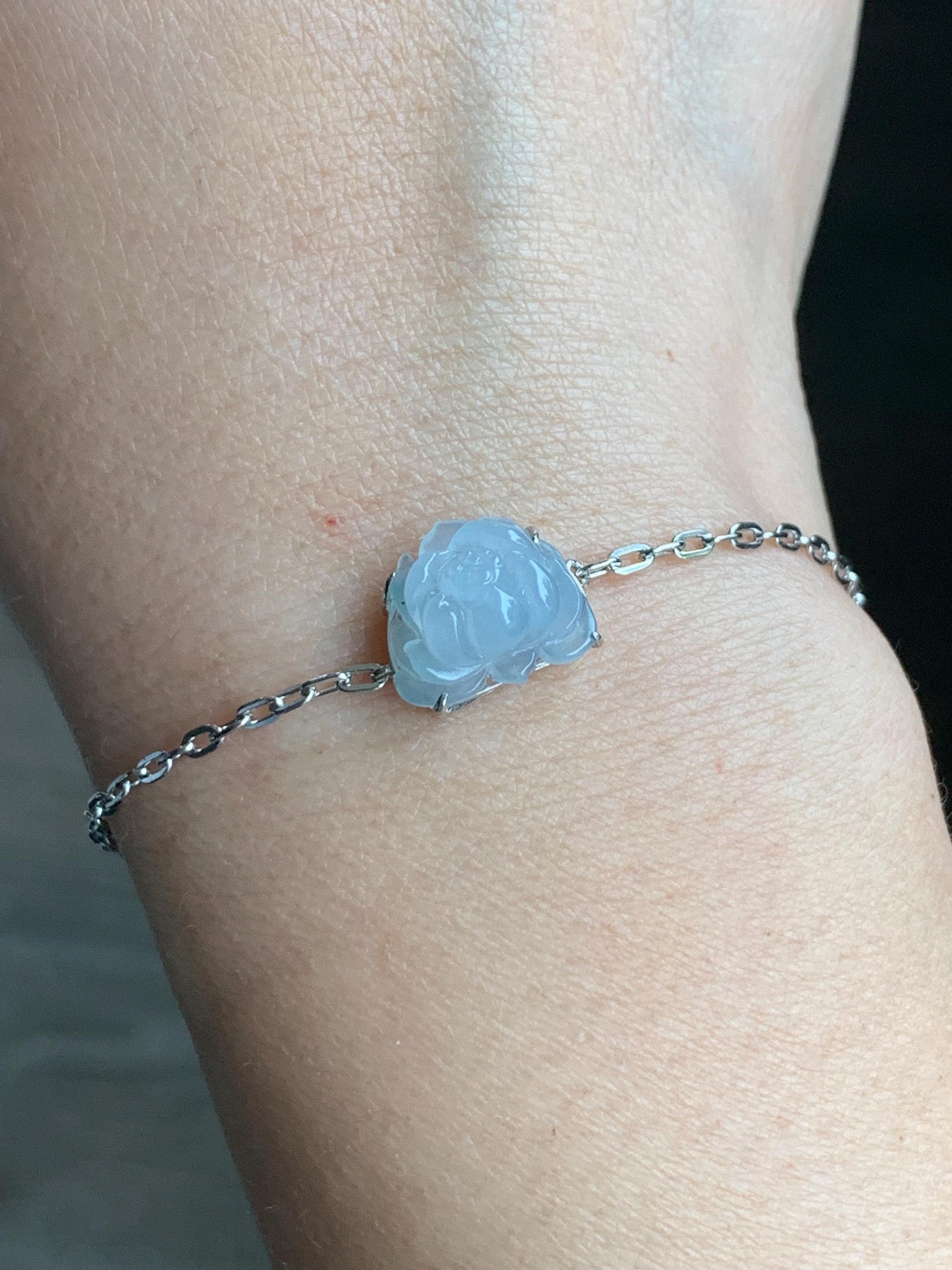 Natural Grade A Icy Translucent Pastel Purplish Blue Jadeite Lotus Flower Chain Bracelet Sterling Silver 6.75”-8” 3g 天然冰胶淡紫翡翠莲花银镶手链 LHY228A