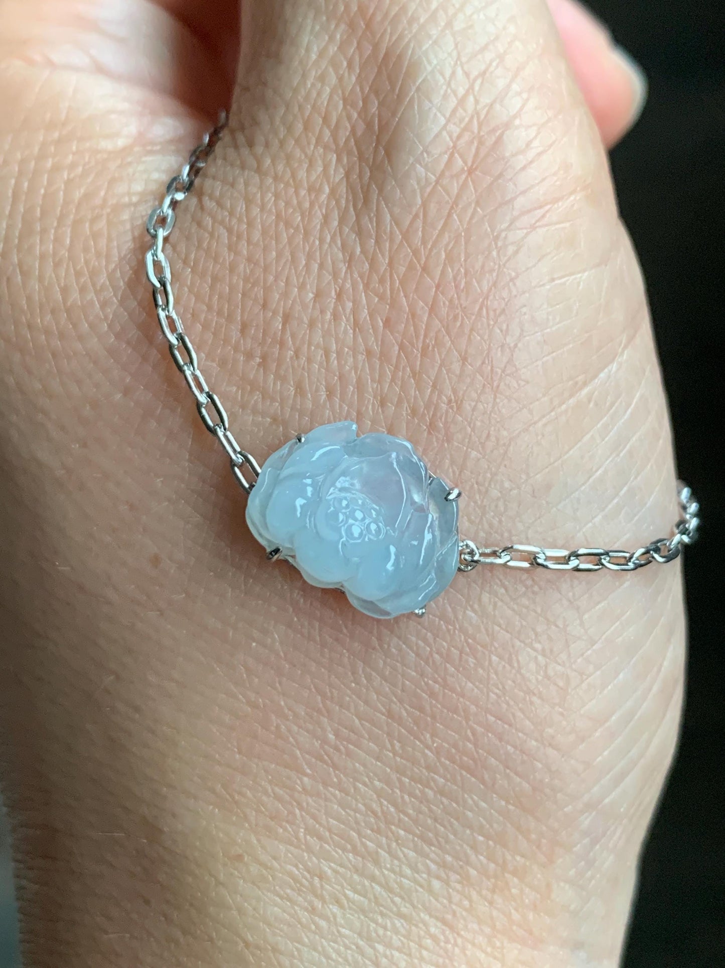 Natural Grade A Icy Translucent Pastel Purplish Blue Jadeite Lotus Flower Chain Bracelet Sterling Silver 6.75”-8” 3g 天然冰胶淡紫翡翠莲花银镶手链 LHY228B