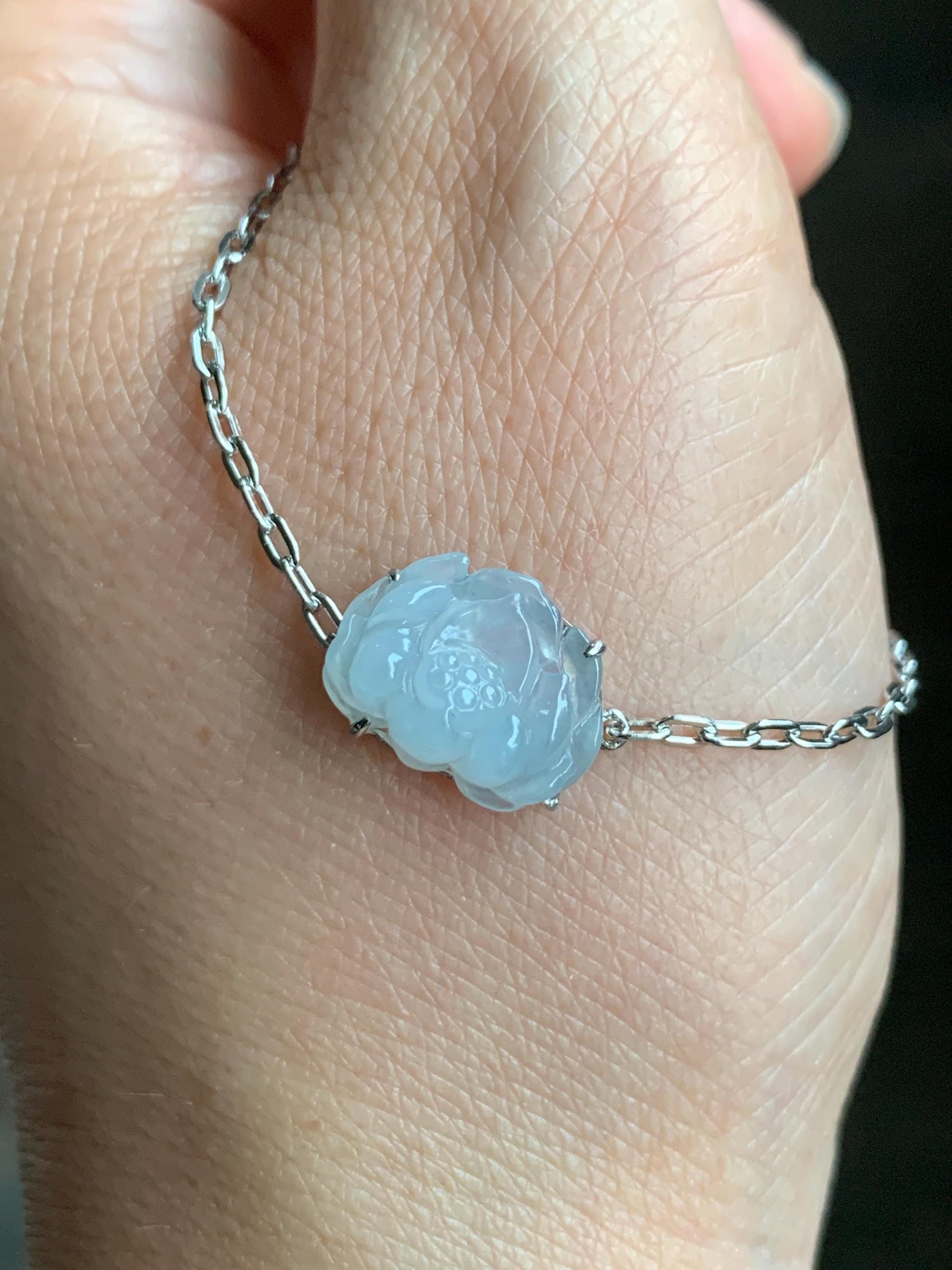Natural Grade A Icy Translucent Pastel Purplish Blue Jadeite Lotus Flower Chain Bracelet Sterling Silver 6.75”-8” 3g 天然冰胶淡紫翡翠莲花银镶手链 LHY228B
