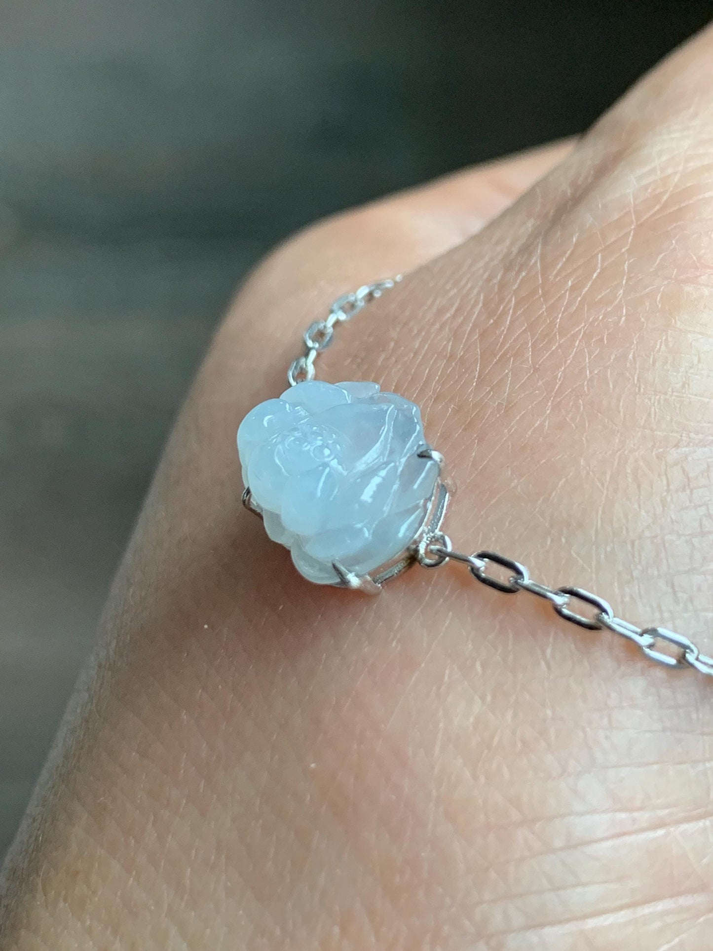 Natural Grade A Icy Translucent Pastel Purplish Blue Jadeite Lotus Flower Chain Bracelet Sterling Silver 6.75”-8” 3g 天然冰胶淡紫翡翠莲花银镶手链 LHY228B
