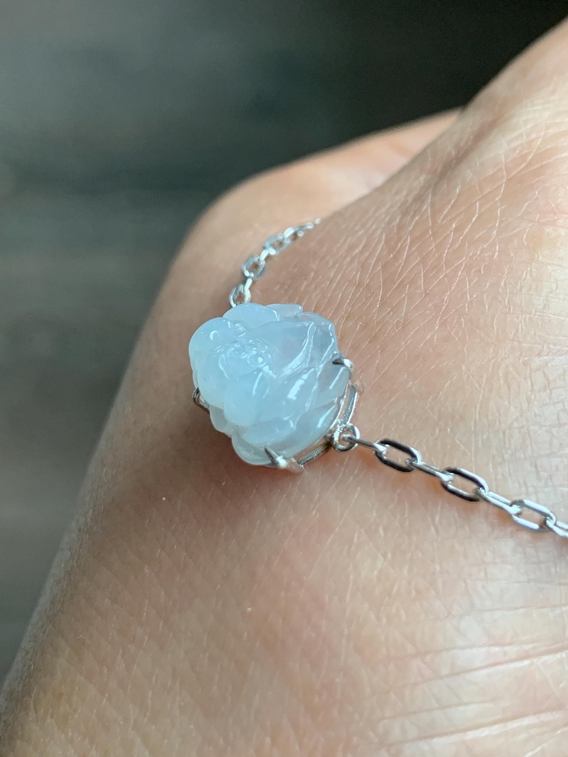 Natural Grade A Icy Translucent Pastel Purplish Blue Jadeite Lotus Flower Chain Bracelet Sterling Silver 6.75”-8” 3g 天然冰胶淡紫翡翠莲花银镶手链 LHY228B