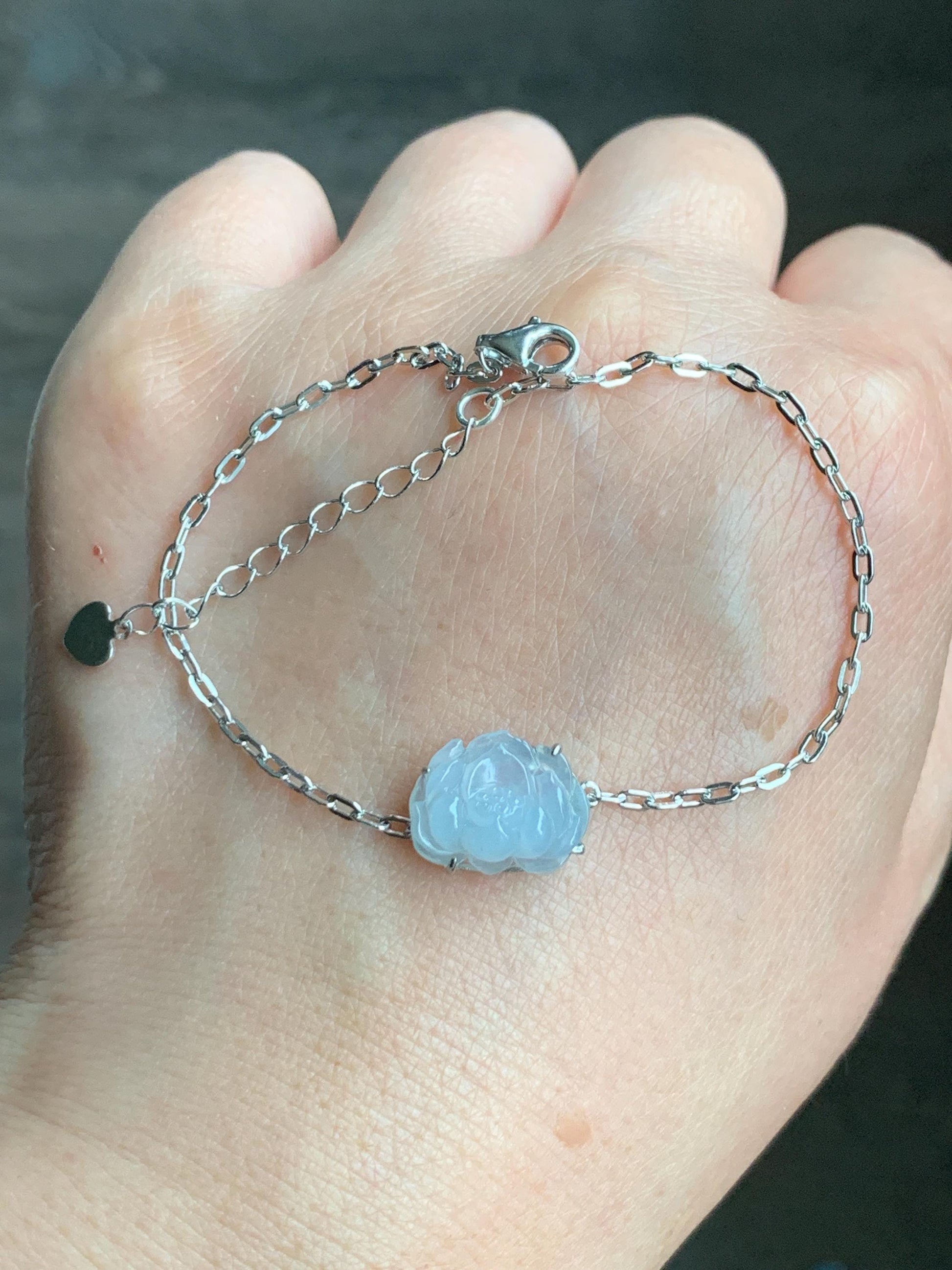 Natural Grade A Icy Translucent Pastel Purplish Blue Jadeite Lotus Flower Chain Bracelet Sterling Silver 6.75”-8” 3g 天然冰胶淡紫翡翠莲花银镶手链 LHY228B