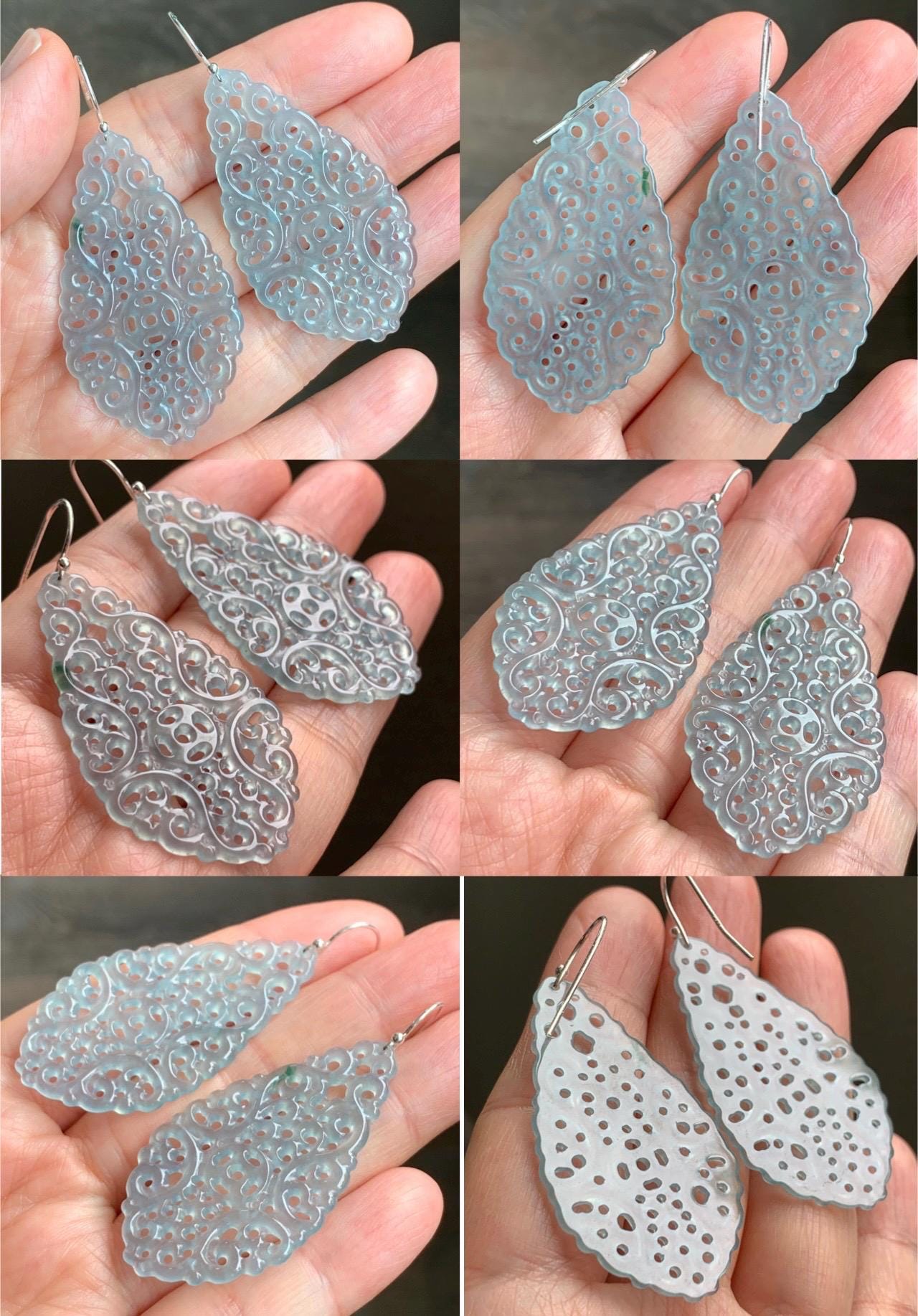 Stunning Natural Guatemalan Icy Translucent Pastel Blue Openwork Engraved Jadeite Dangle Earrings Sterling Silver 天然冰危淡蓝起光翡翠镂空雕水滴银耳钩耳吊 LKD-P