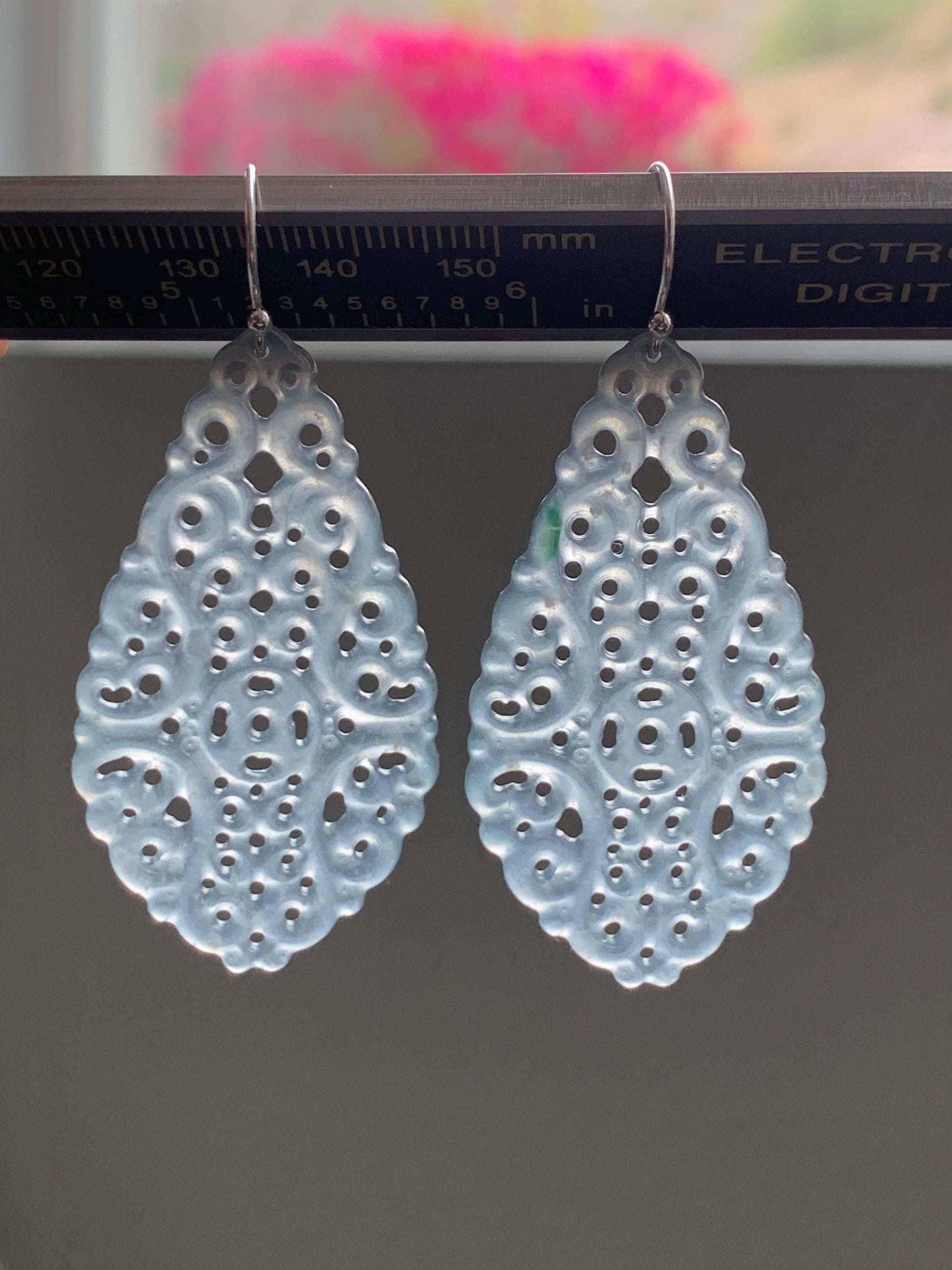 Stunning Natural Guatemalan Icy Translucent Pastel Blue Openwork Engraved Jadeite Dangle Earrings Sterling Silver 天然冰危淡蓝起光翡翠镂空雕水滴银耳钩耳吊 LKD-P