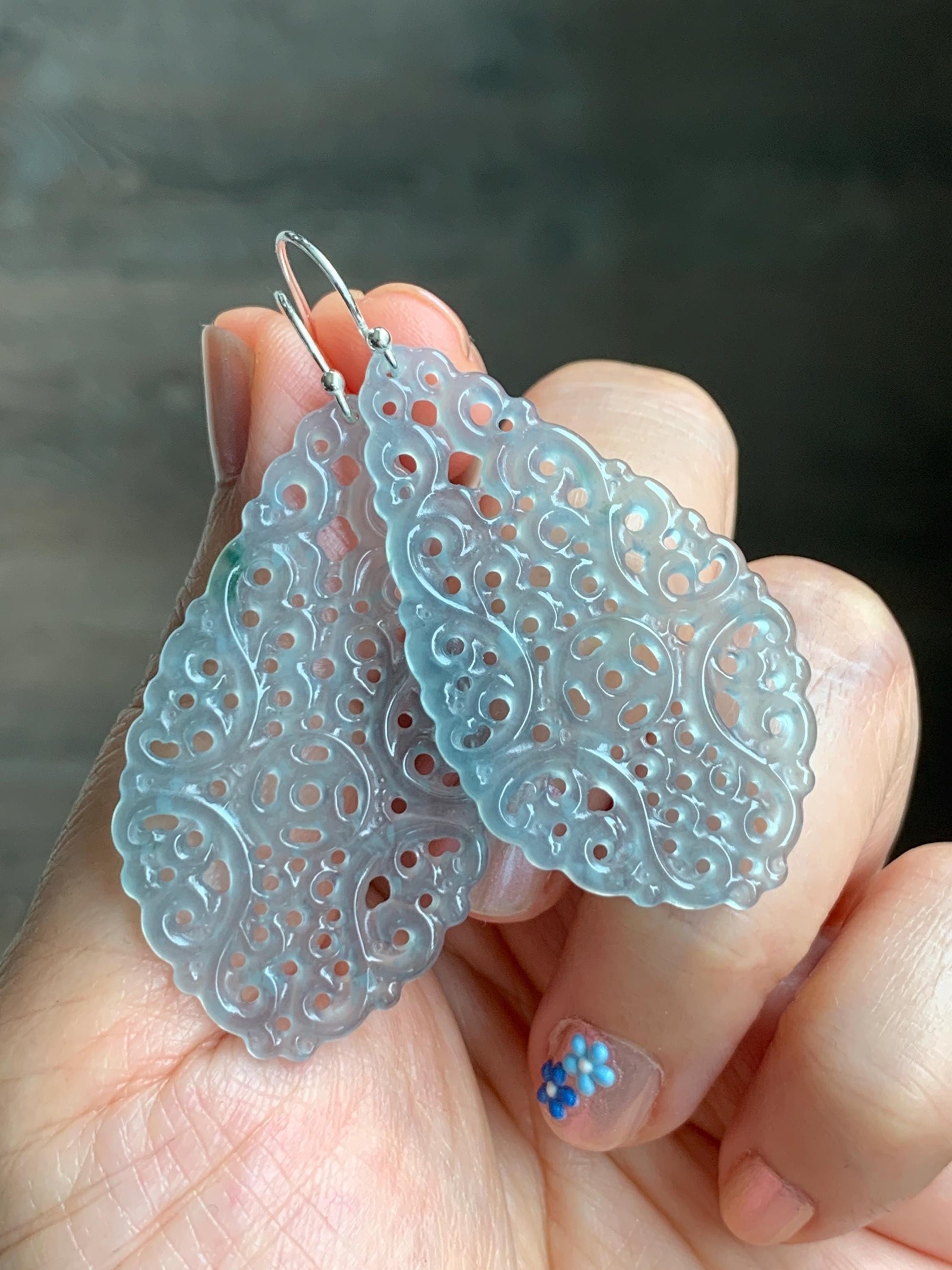 Stunning Natural Guatemalan Icy Translucent Pastel Blue Openwork Engraved Jadeite Dangle Earrings Sterling Silver 天然冰危淡蓝起光翡翠镂空雕水滴银耳钩耳吊 LKD-P