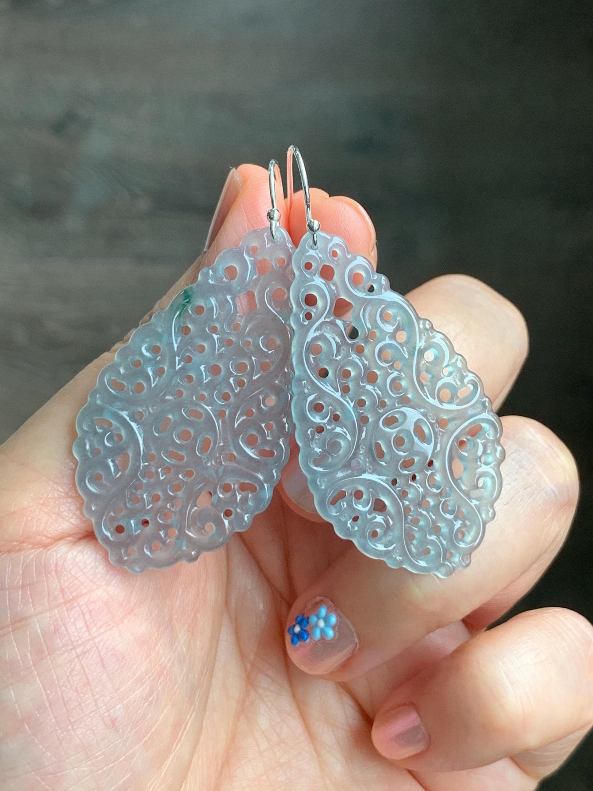 Stunning Natural Guatemalan Icy Translucent Pastel Blue Openwork Engraved Jadeite Dangle Earrings Sterling Silver 天然冰危淡蓝起光翡翠镂空雕水滴银耳钩耳吊 LKD-P