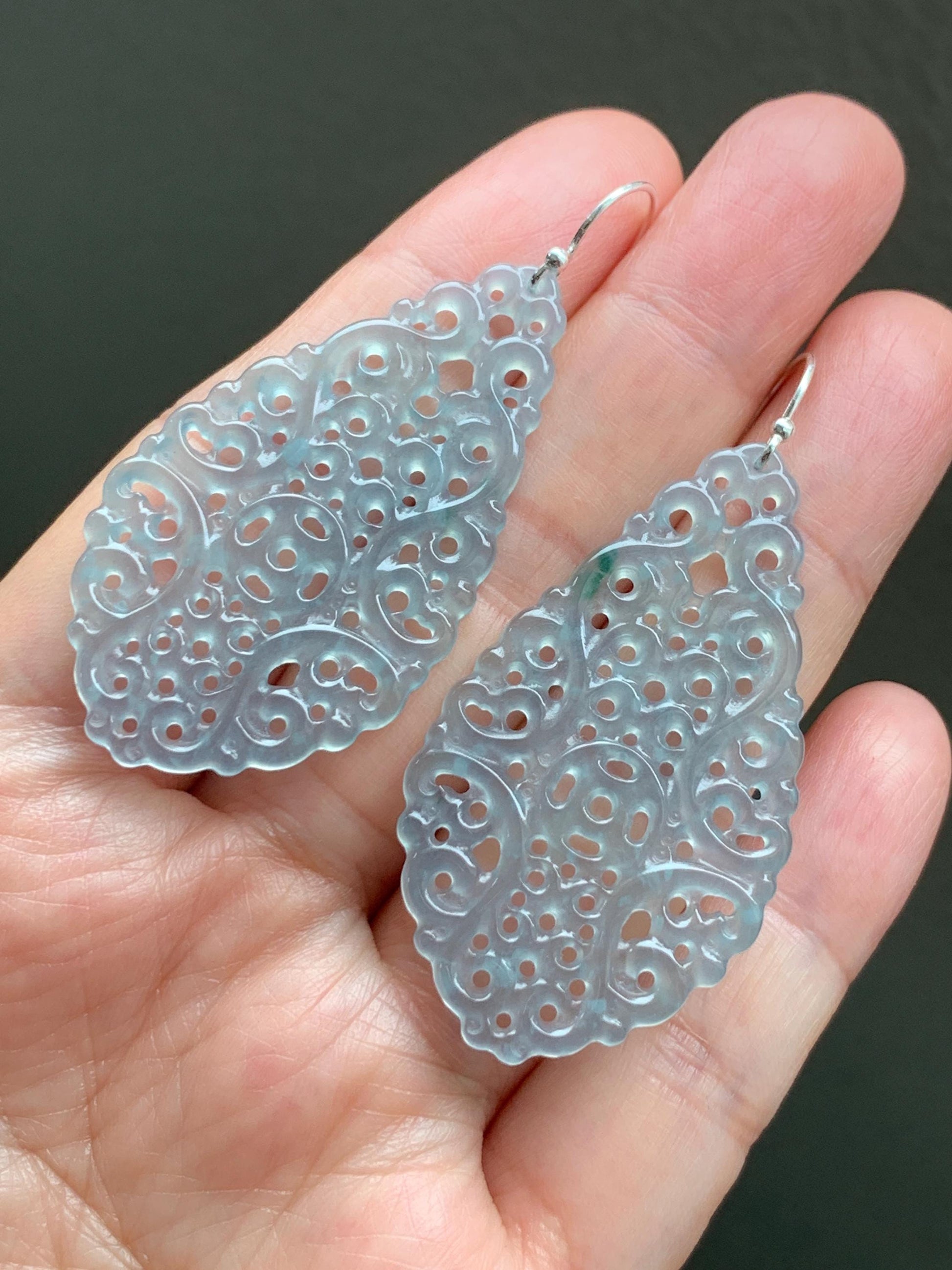 Stunning Natural Guatemalan Icy Translucent Pastel Blue Openwork Engraved Jadeite Dangle Earrings Sterling Silver 天然冰危淡蓝起光翡翠镂空雕水滴银耳钩耳吊 LKD-P