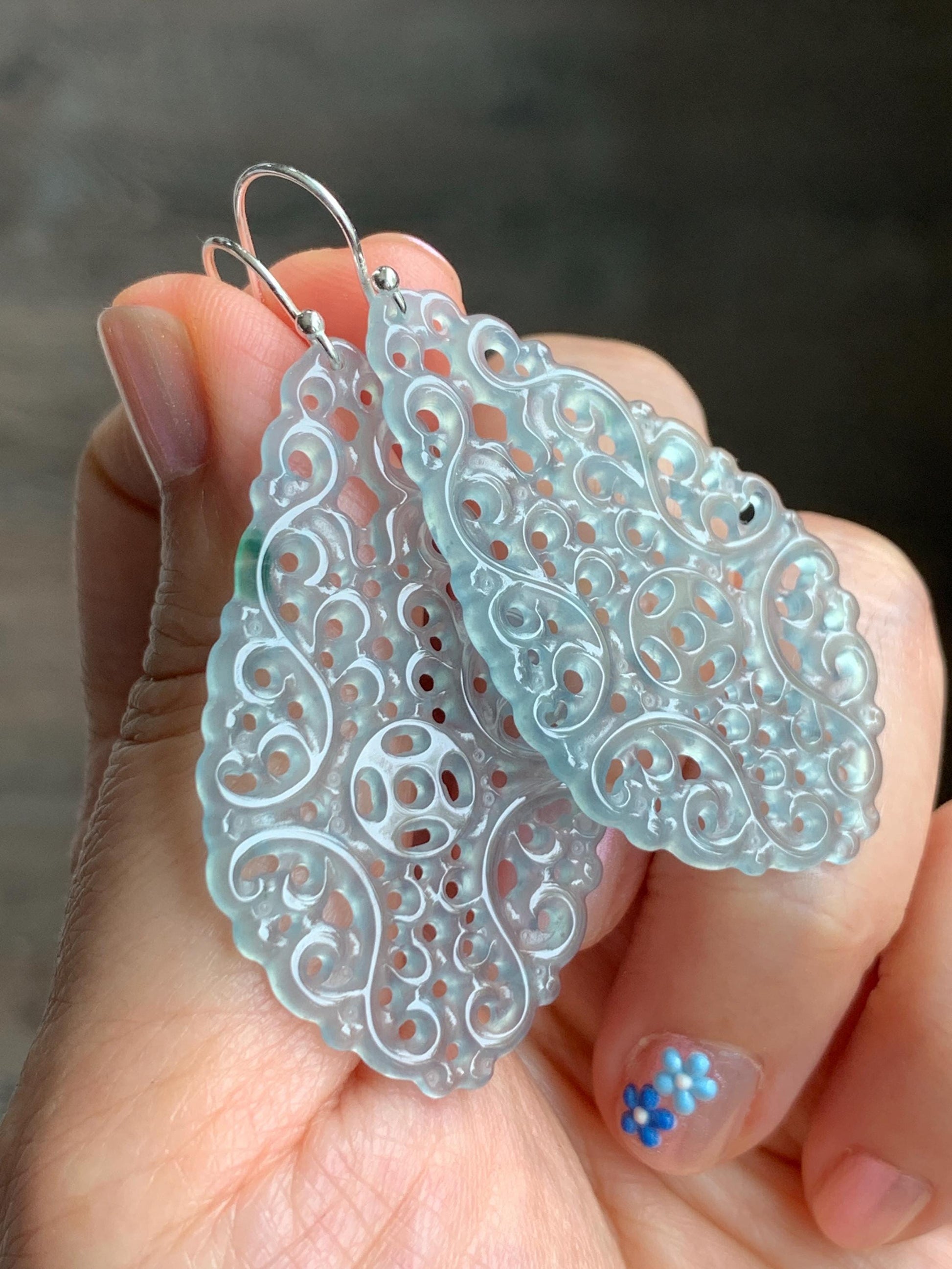 Stunning Natural Guatemalan Icy Translucent Pastel Blue Openwork Engraved Jadeite Dangle Earrings Sterling Silver 天然冰危淡蓝起光翡翠镂空雕水滴银耳钩耳吊 LKD-P