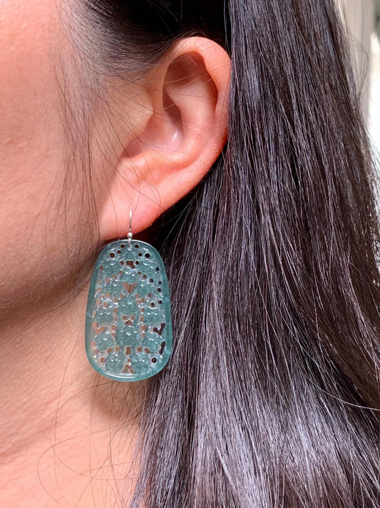 Natural Guatemalan Icy Translucent Teal Green Jadeite Engraved Cherry Blossom Dangle Earrings Sterling Silver 天然冰危蓝绿起光翡翠梅花镂空雕银耳钩耳吊 LKD-O