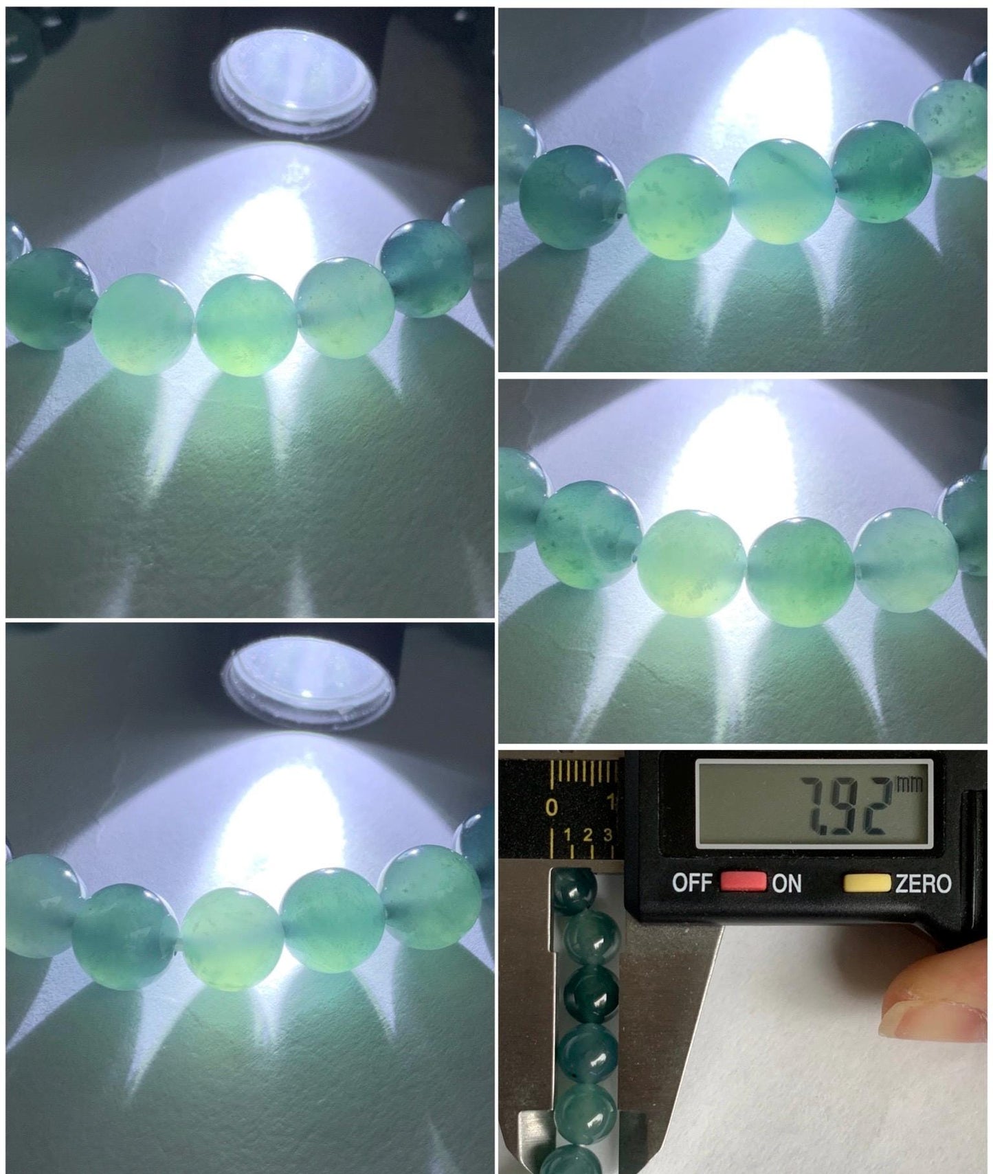 Natural Grade A Guatemalan Icy Highly Translucent Teal Blue Multicolored Jadeite Beaded Bracelet 7.9mm 6.5” 18g 天然老种冰危蓝水多宝翡翠手串 WDB250-B