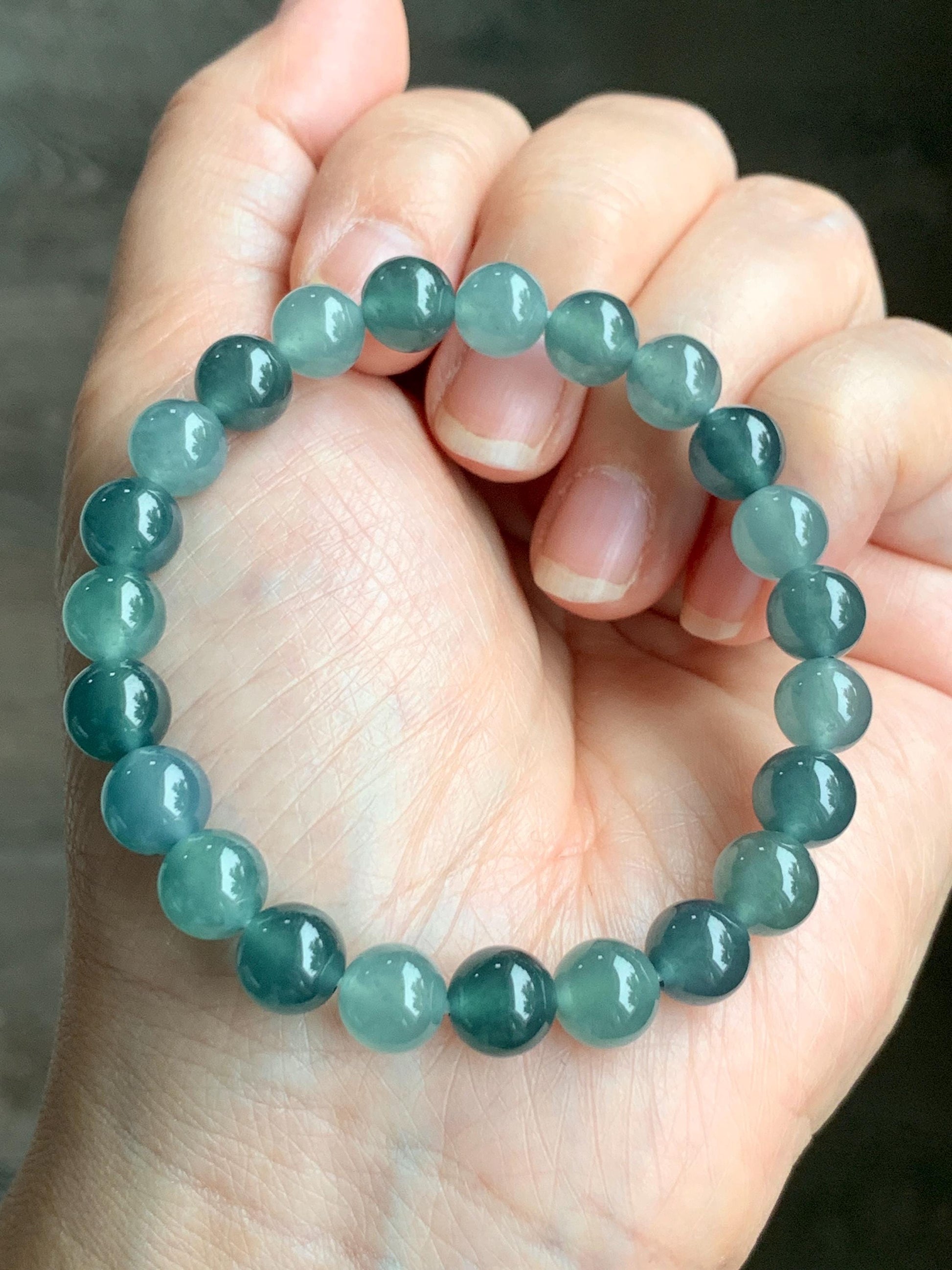 Natural Grade A Guatemalan Icy Highly Translucent Teal Blue Multicolored Jadeite Beaded Bracelet 7.9mm 6.5” 18g 天然老种冰危蓝水多宝翡翠手串 WDB250-B