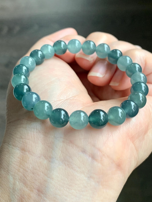Natural Grade A Guatemalan Icy Highly Translucent Teal Blue Multicolored Jadeite Beaded Bracelet 7.9mm 6.5” 18g 天然老种冰危蓝水多宝翡翠手串 WDB250-B