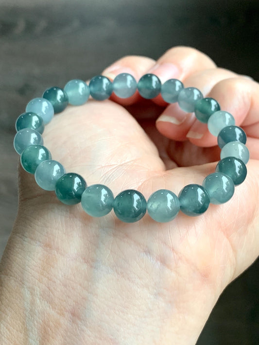 Natural Grade A Guatemalan Icy Highly Translucent Teal Blue Multicolored Jadeite Beaded Bracelet 7.8mm 6.5” 18g 天然老种冰危蓝水多宝翡翠手串 WDB250-A