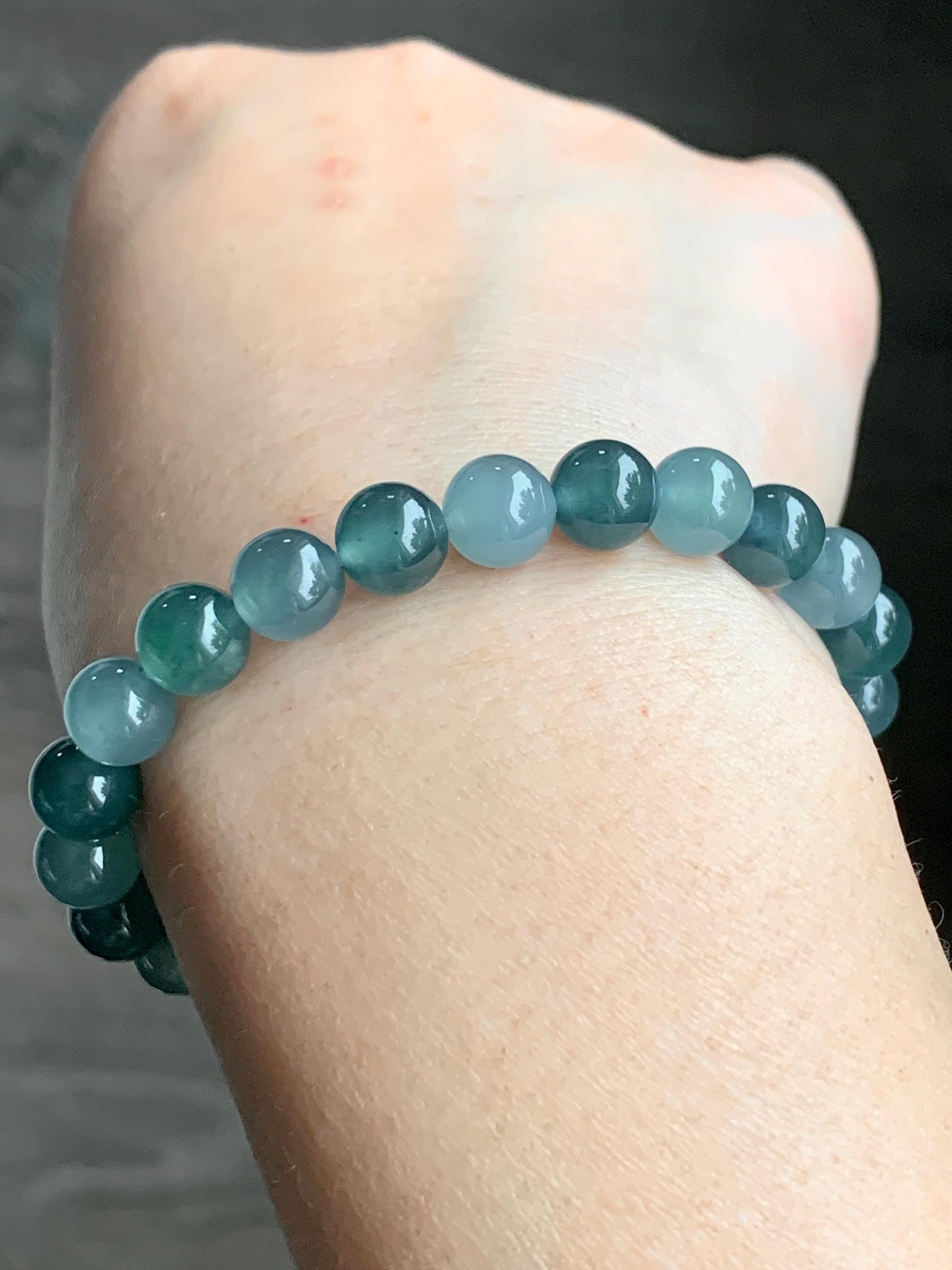 Natural Grade A Guatemalan Icy Highly Translucent Teal Blue Multicolored Jadeite Beaded Bracelet 7.8mm 6.5” 18g 天然老种冰危蓝水多宝翡翠手串 WDB250-A