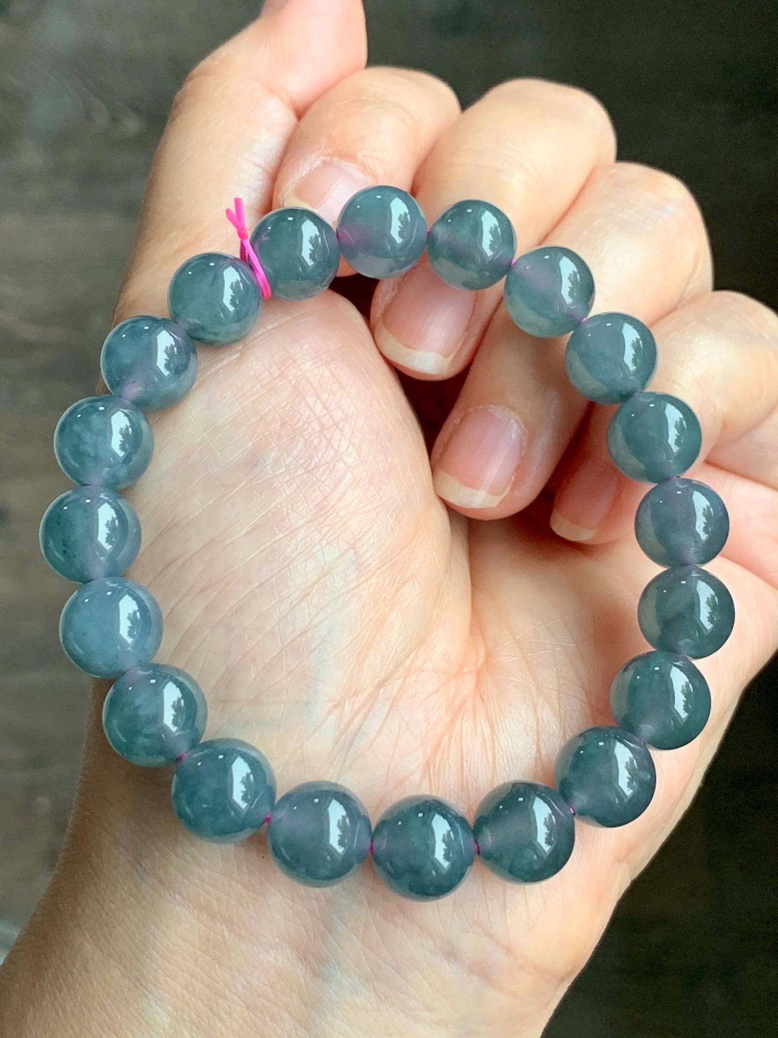 Natural Guatemalan Grade A Icy Translucent Dusty Blueberry Blue Jadeite Beaded Bracelet Stretchy 10mm 7.25” 34g 天然冰危深蓝莓紫翡翠大卡手串 LMZ360