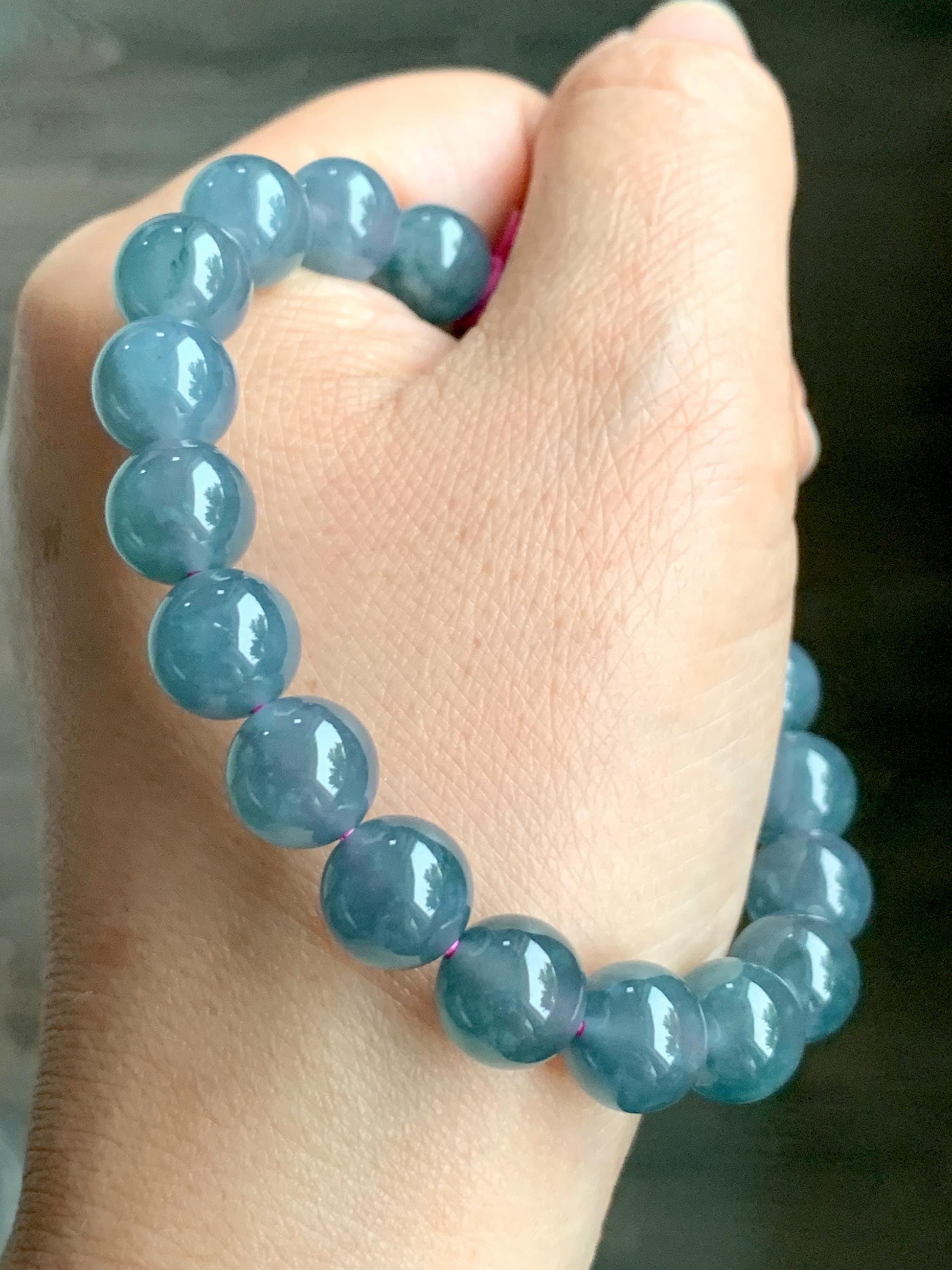 Natural Guatemalan Grade A Icy Translucent Dusty Blueberry Blue Jadeite Beaded Bracelet Stretchy 10mm 7.25” 34g 天然冰危深蓝莓紫翡翠大卡手串 LMZ360