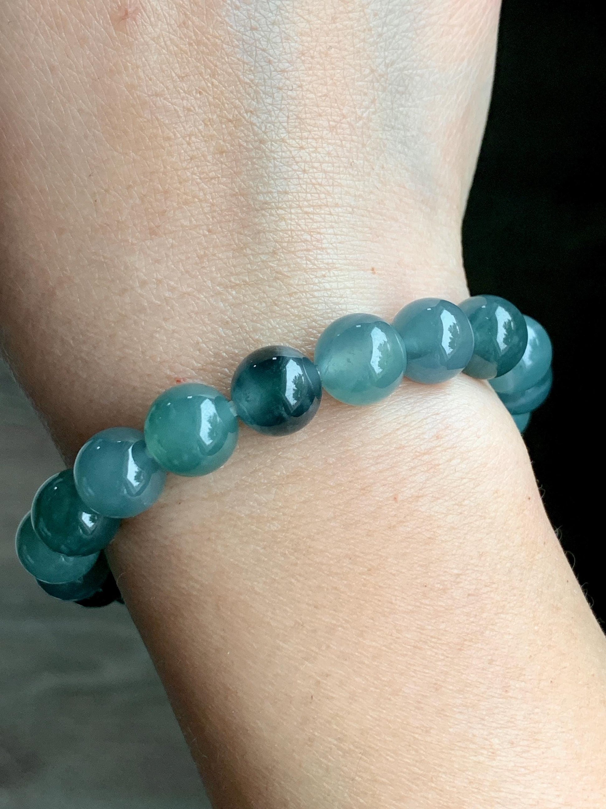 Natural Grade A Guatemalan Icy Highly Translucent Teal Blue Multicolored Jadeite Beaded Bracelet 10mm 7.25” 34g 天然老种冰危蓝水多宝翡翠手串 WDB360