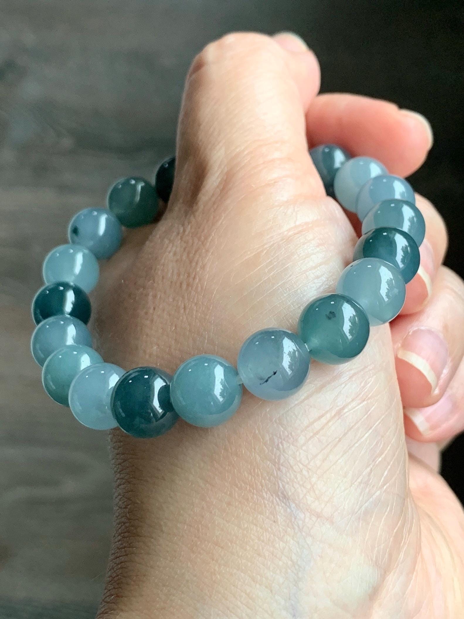 Natural Grade A Guatemalan Icy Highly Translucent Teal Blue Multicolored Jadeite Beaded Bracelet 9.7mm 7” 32g 天然老种冰危蓝水多宝翡翠手串 WDB330