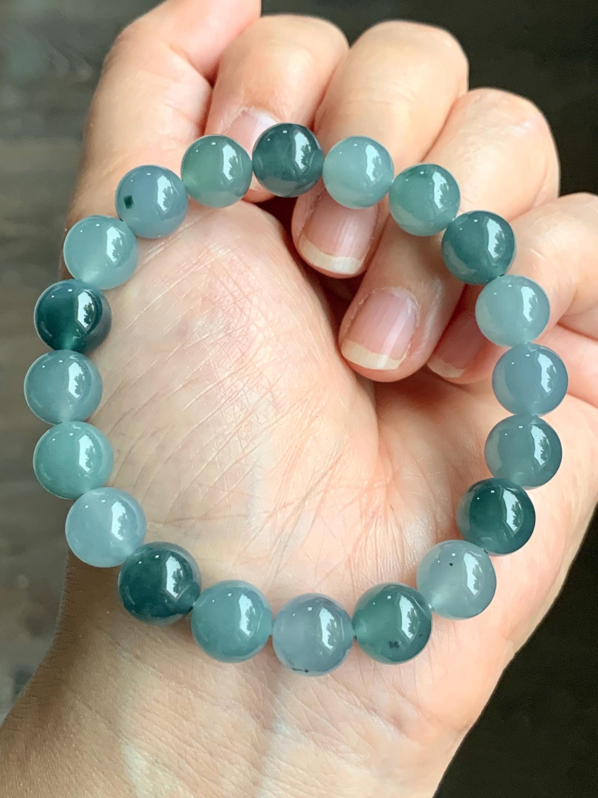 Natural Grade A Guatemalan Icy Highly Translucent Teal Blue Multicolored Jadeite Beaded Bracelet 9.7mm 7” 32g 天然老种冰危蓝水多宝翡翠手串 WDB330