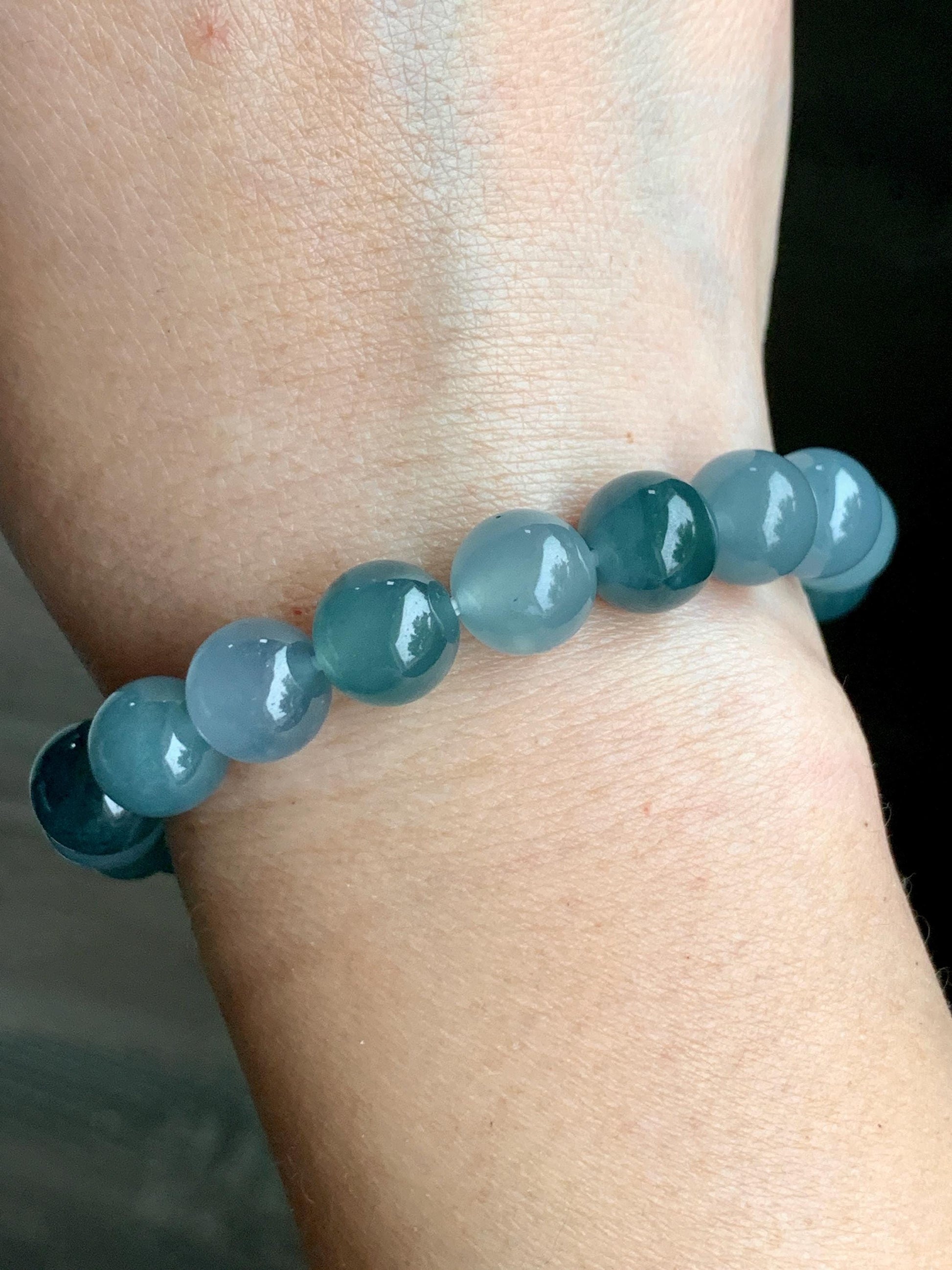 Natural Grade A Guatemalan Icy Highly Translucent Teal Blue Multicolored Jadeite Beaded Bracelet 9.7mm 7” 32g 天然老种冰危蓝水多宝翡翠手串 WDB330