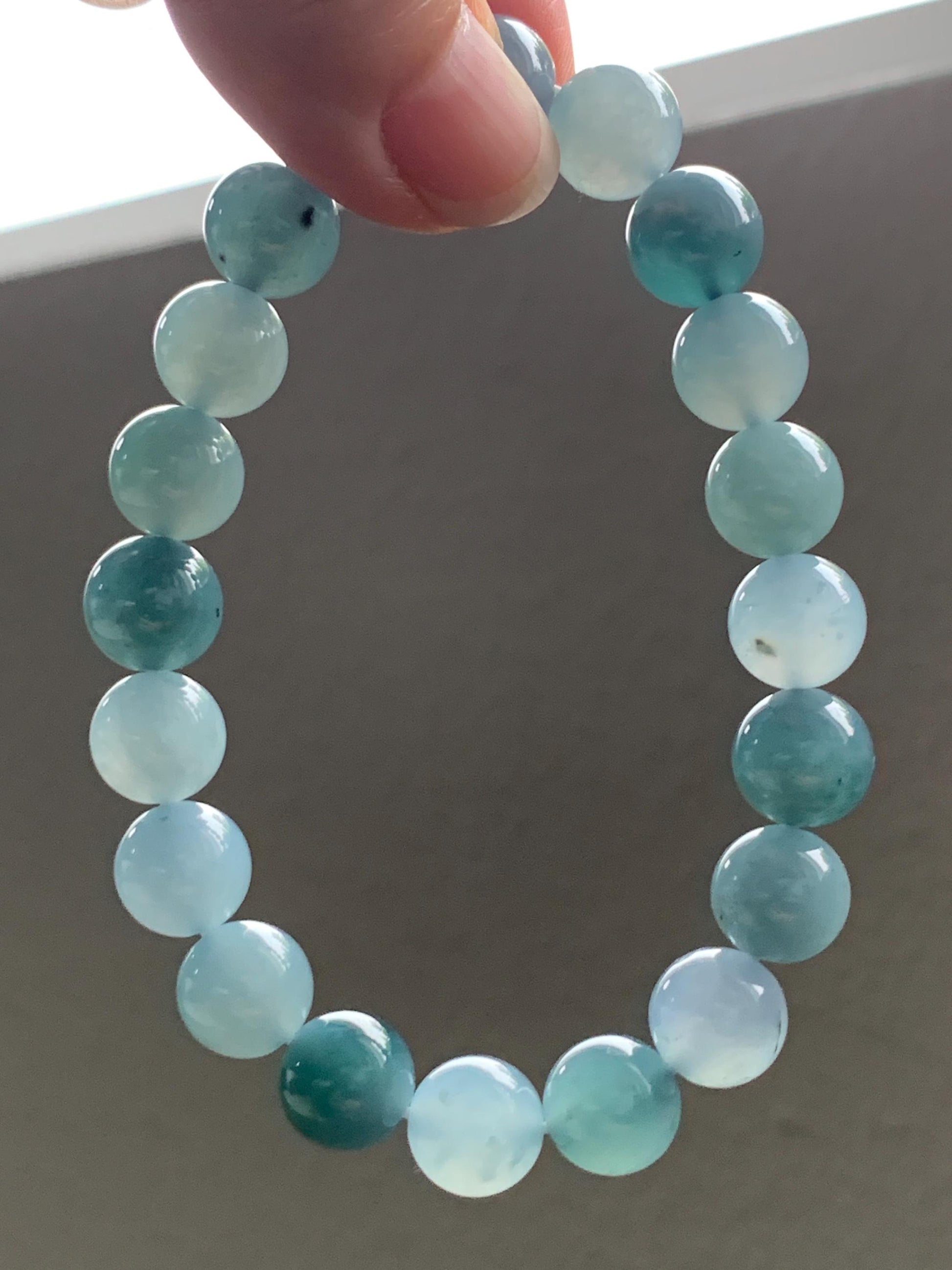 Natural Grade A Guatemalan Icy Highly Translucent Teal Blue Multicolored Jadeite Beaded Bracelet 9.7mm 7” 32g 天然老种冰危蓝水多宝翡翠手串 WDB330