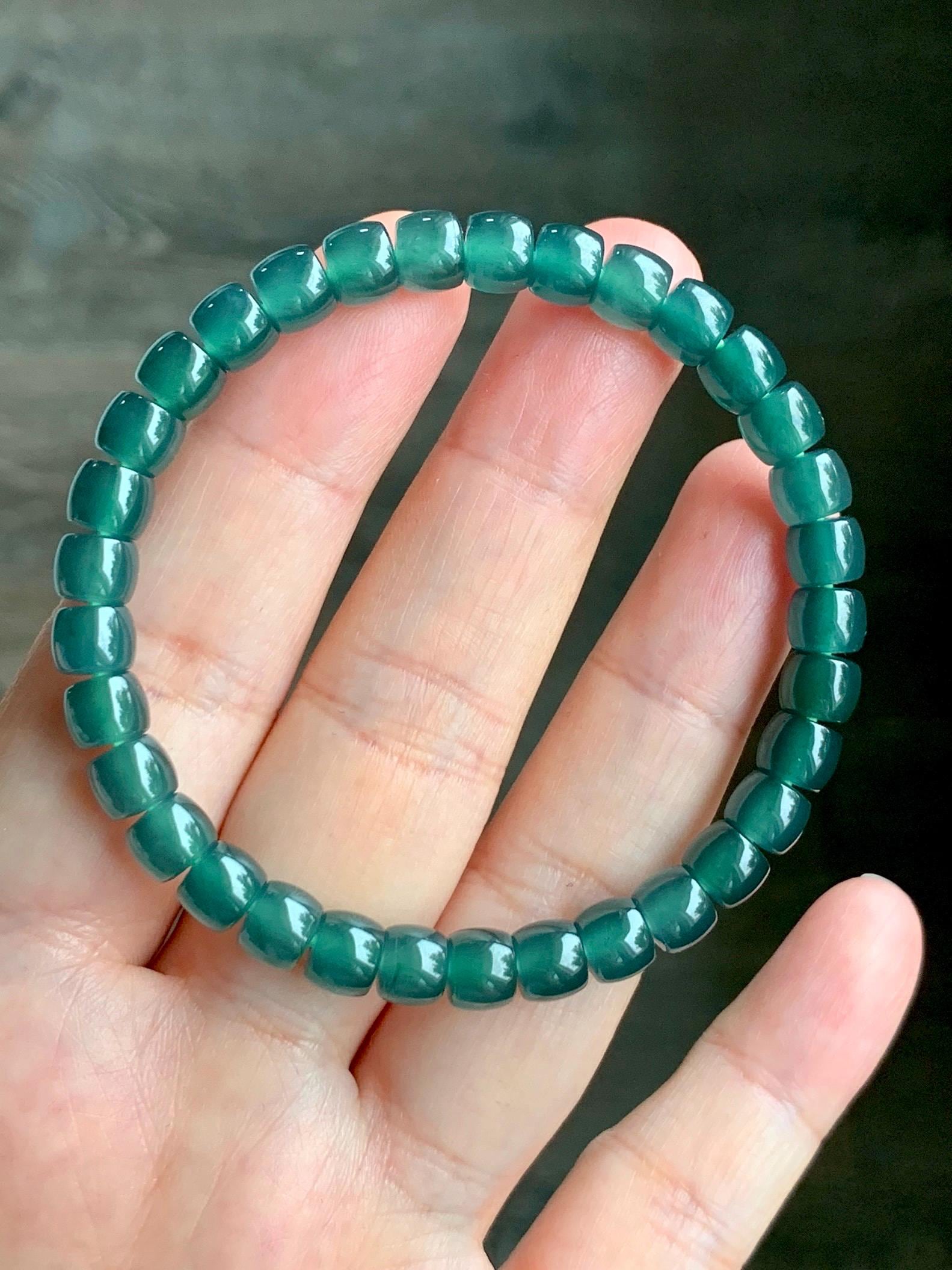 Natural Grade A Guatemalan Icy Highly Translucent Teal Green Jadeite Drum Beads Beaded Bracelet 6.3x5.3mm 6.75" 15g 天然冰胶起光危蓝绿翡翠桶珠手串 WLG260