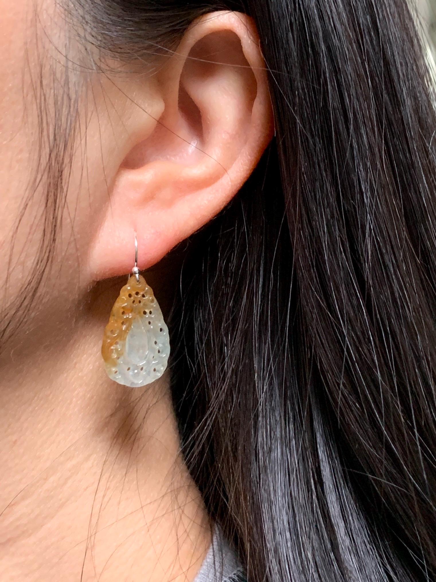 Certified Grade A Natural Icy Translucent Golden Marbled Openwork Engraved Jadeite Dangle Earrings Sterling Silver 天然起光冰黄翡翠镂空雕水滴银耳钩耳吊 9963