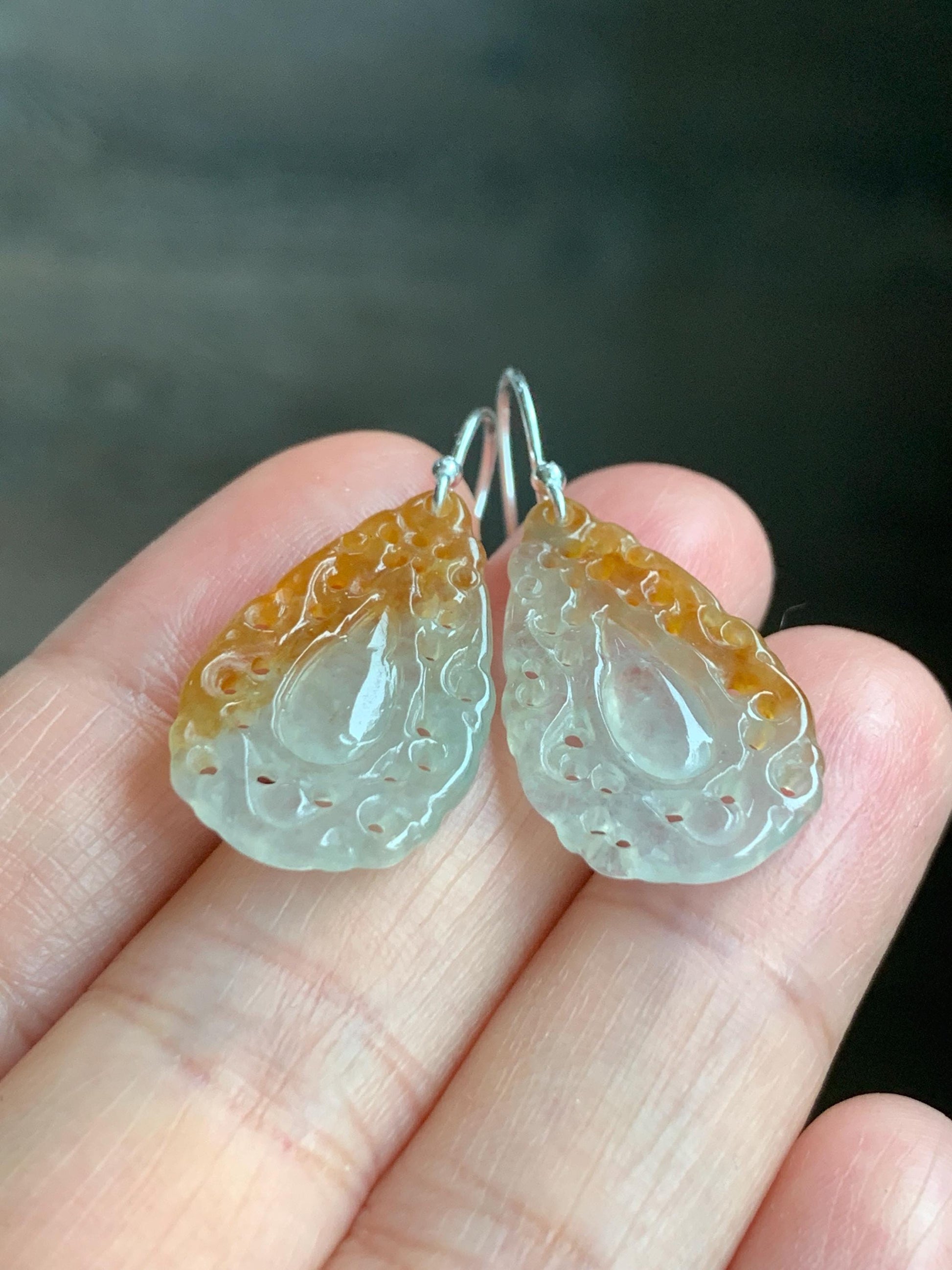 Certified Grade A Natural Icy Translucent Golden Marbled Openwork Engraved Jadeite Dangle Earrings Sterling Silver 天然起光冰黄翡翠镂空雕水滴银耳钩耳吊 9963