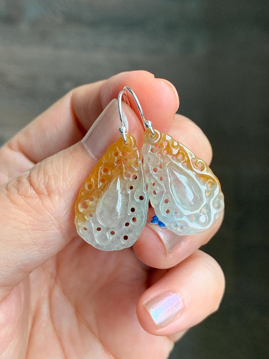 Certified Grade A Natural Icy Translucent Golden Marbled Openwork Engraved Jadeite Dangle Earrings Sterling Silver 天然起光冰黄翡翠镂空雕水滴银耳钩耳吊 9963